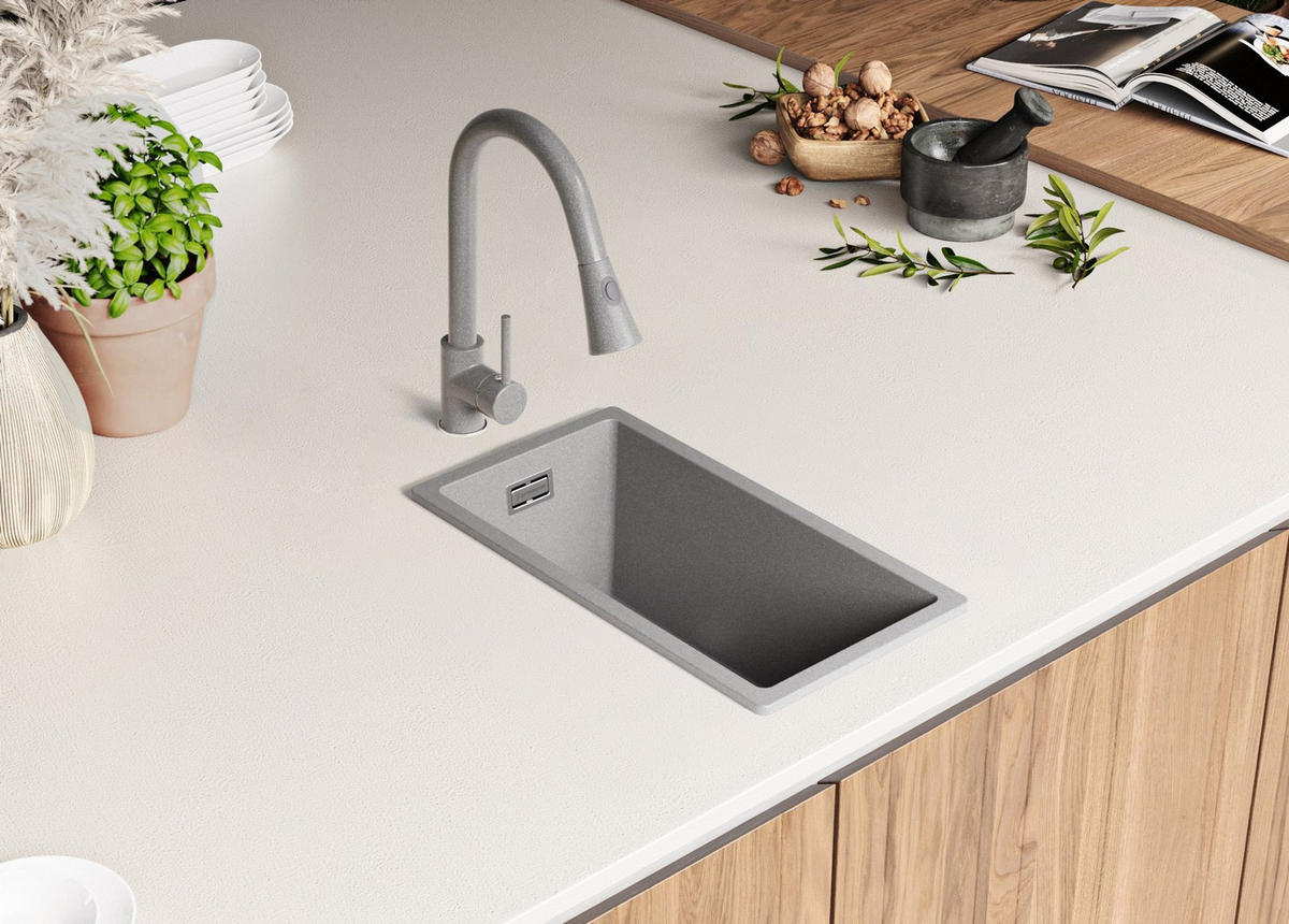 SPÜLBECKEN London Slim, 2-er set Grau 26/47 cm 1 Becken + Ablauf-Set ab 30er Unterschrank - Chromfarben/Grau, Kunststoff (26/20/47cm) - Primagran