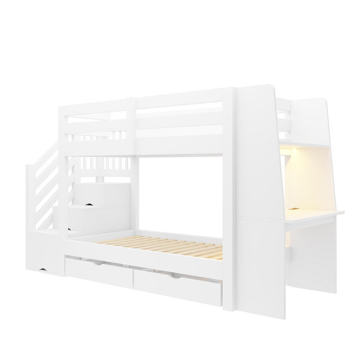 ETAGENBETT 90/200 cm mit Schreibtisch und LED, DE-41592, in Weiß - Weiß, Holzwerkstoff (90/200cm) - ComfortXL