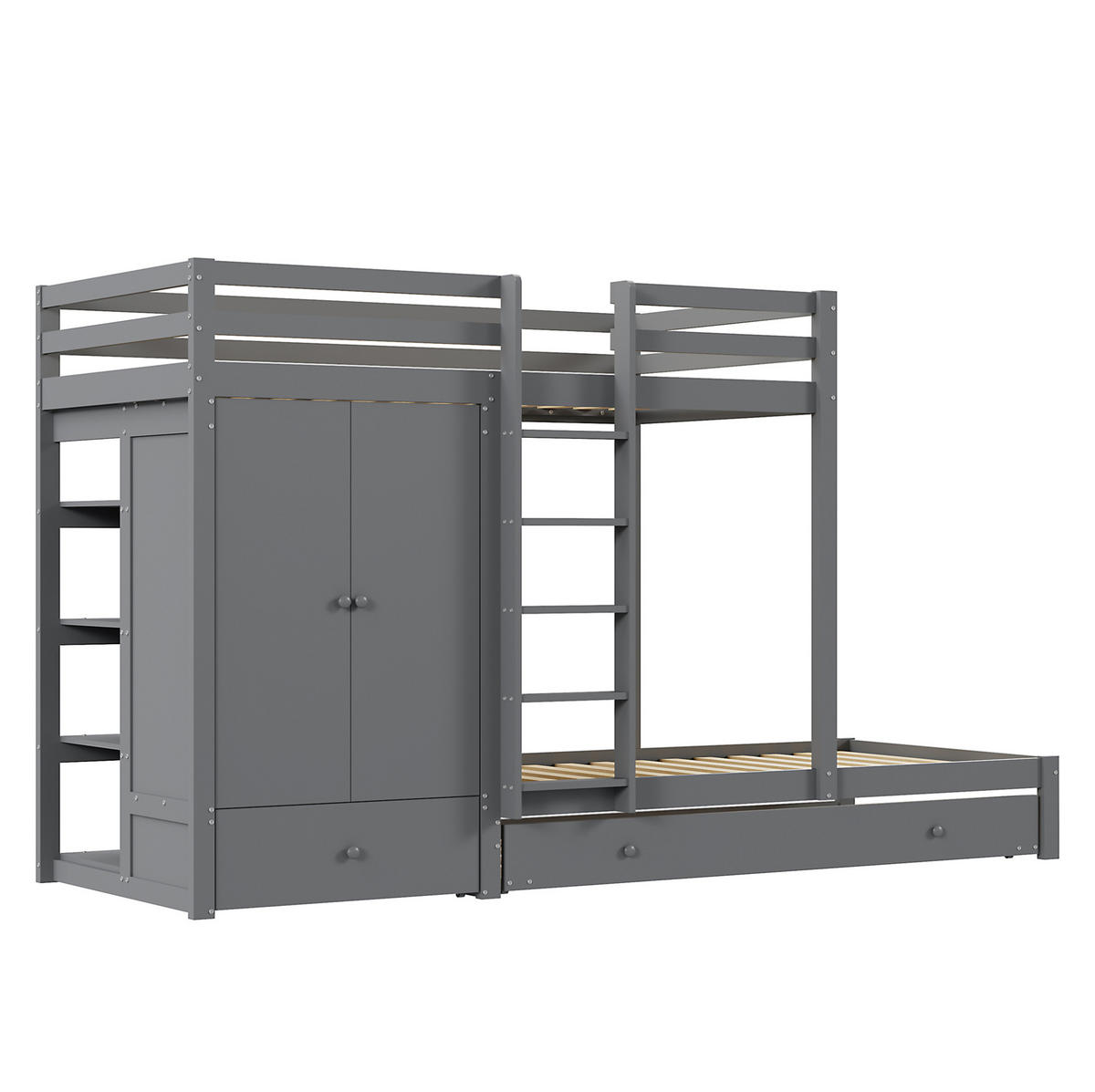 ETAGENBETT aus Holz 90x200 cm Grau mit Ausziehbett, Kleiderschrank, Schubladen und Ablage - Grau, Holz (90/200cm) - Modfu