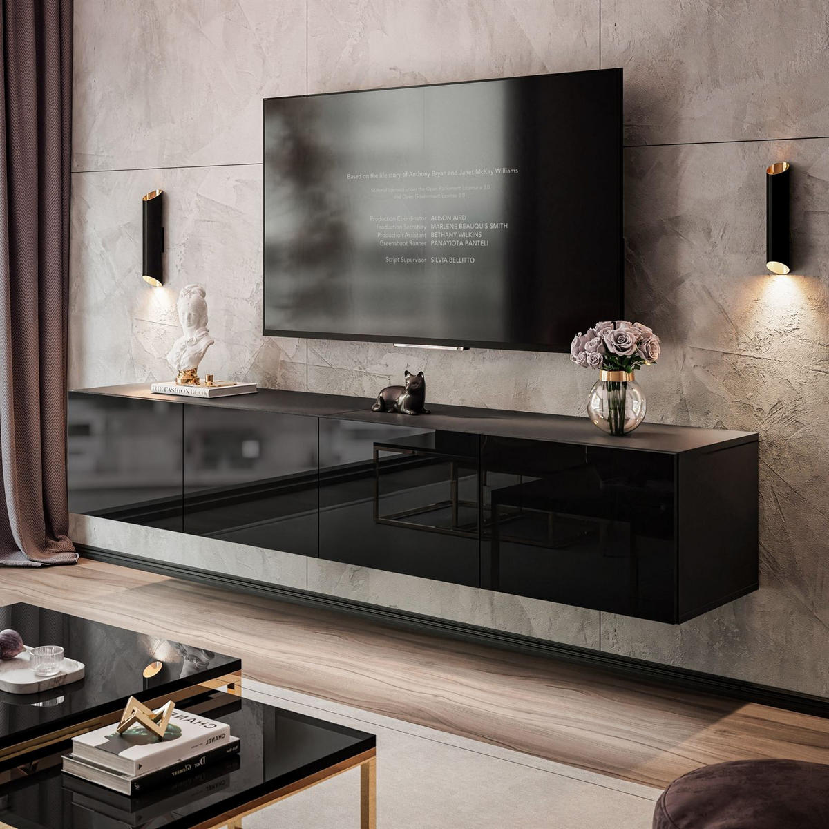 TV-LOWBOARD COLGANTE 200 cm Hängeschrank mit LED Beleuchtung - Schwarz Hochglanz, Holzwerkstoff (200/36/40cm) - Lookway