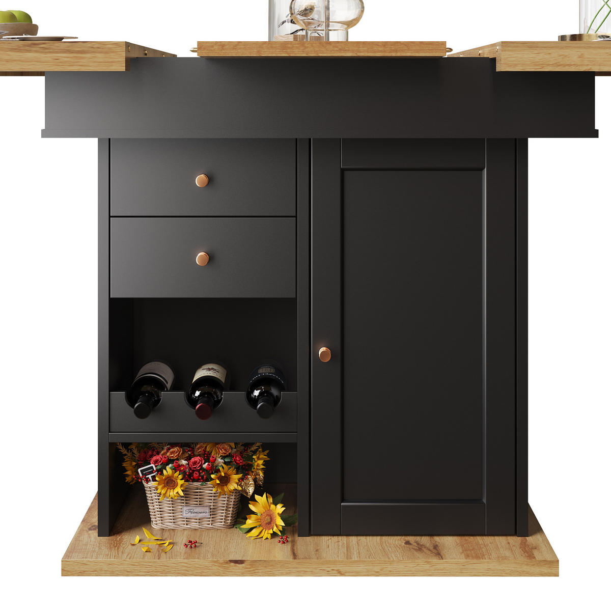 ESSTISCH aus MDF 110-140x80x75 cm Schwarz/Natur mit Auszug, Stauraum und Snack-/Weinregalen - Schwarz, Holzwerkstoff (110/80/75cm) - Modfu