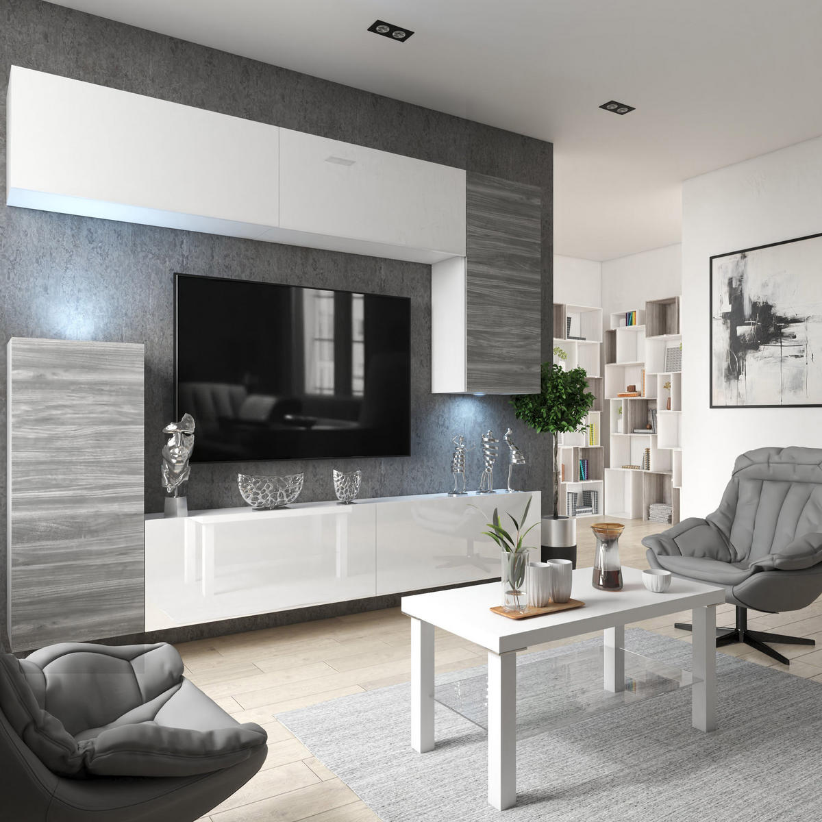 WOHNWAND Milano 8, Grau Matt/Weiß Hochglanz, 250 cm, Grifflos - Weiß, Holz (250/115/36cm) - B BELINI GROUP