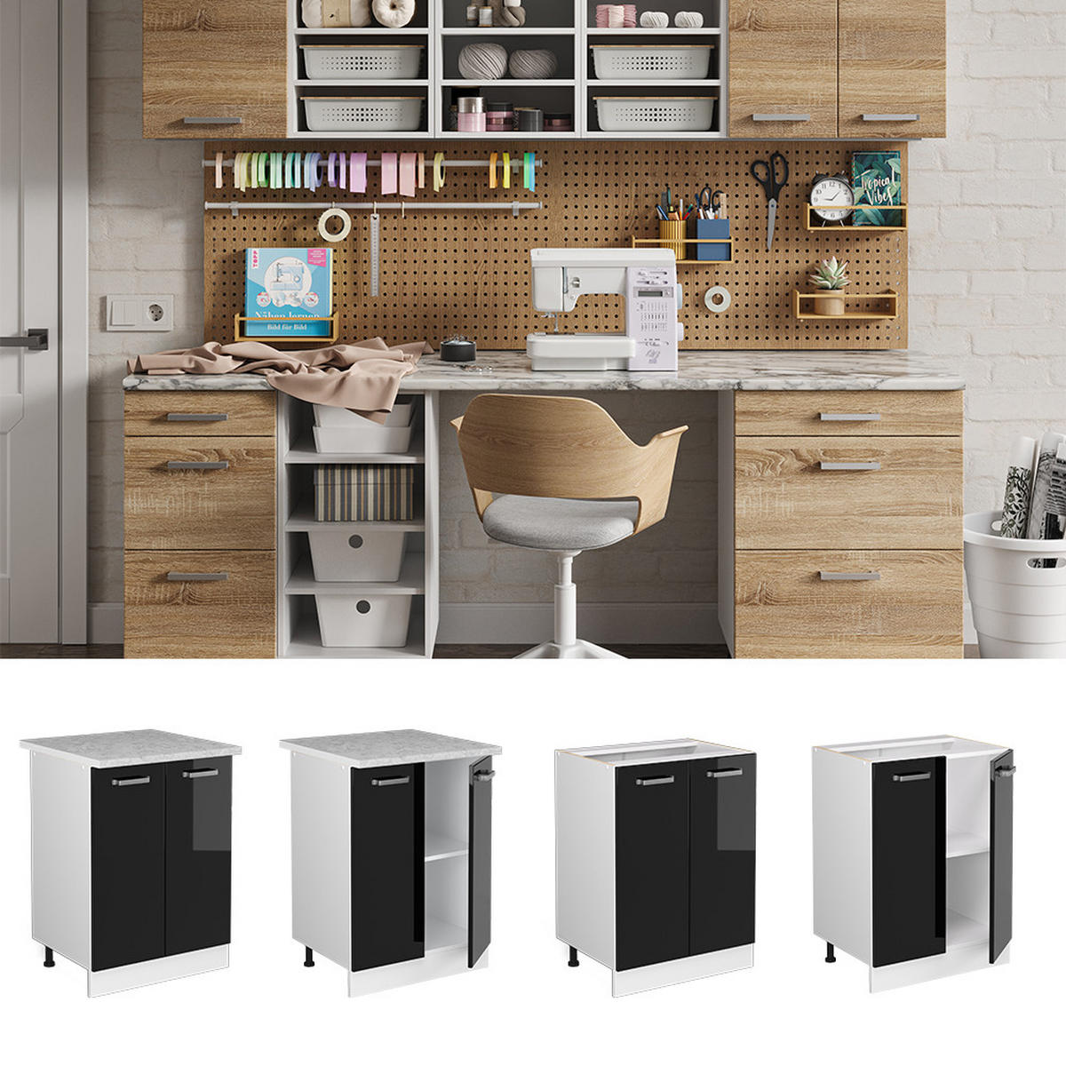 UNTERSCHRANK R-Line Schwarz Hochglanz 60 cm mit Türen mit Arbeitsplatte - Schwarz Hochglanz/Weiß, Holzwerkstoff (60/81.6/60cm) - Vicco