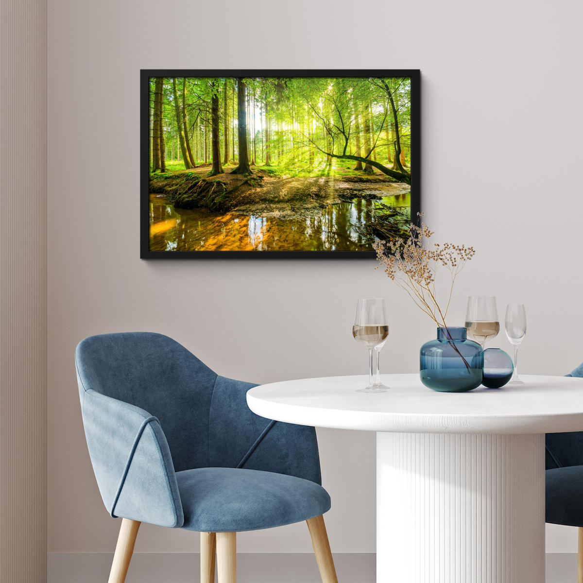 POSTER MIT RAHMENGERAHMTES BILD Wald - Landschaft - Wasser - Bäume - Sonne - Grün - Natur 60x40 cm - Grün, Papier (60/40cm) - MuchoWow