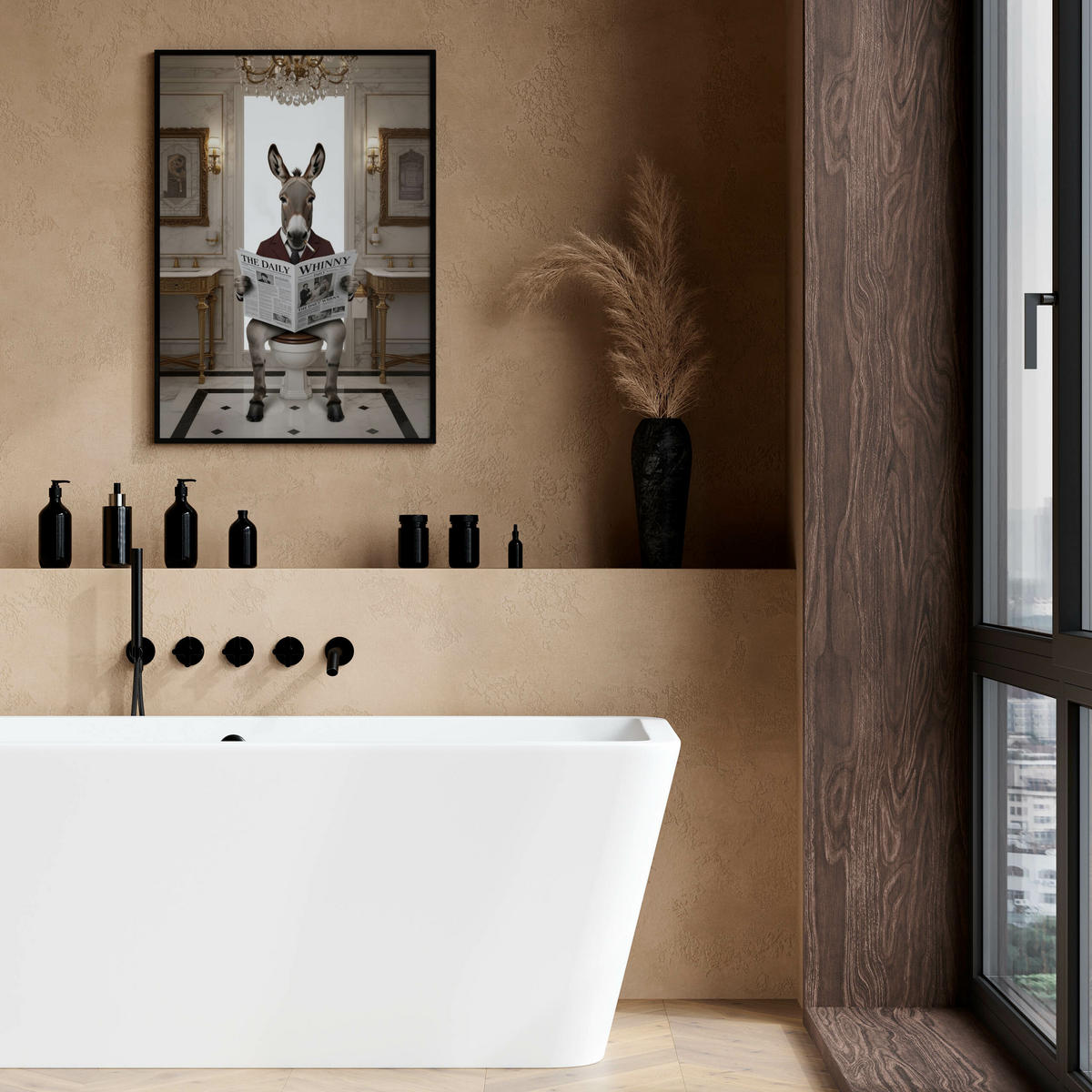POSTER für Badezimmer WC ESEL im Anzug auf Toilette mit Zeitung Glamour 50x70cm - Beige/Schwarz, Papier (50/70/70cm) - Muralo