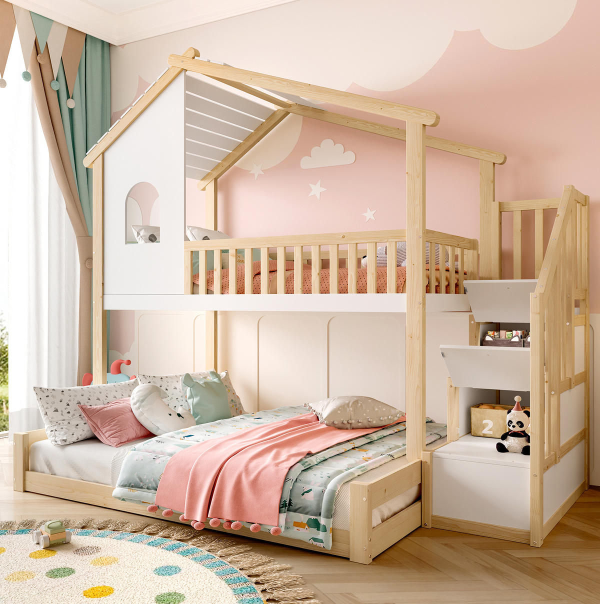 ETAGENBETT 90/200 cm + 140/200 cm mit Stauraumleiter, Hausoptik und Bettgitter aus Kiefernholz, Natur/Weiß - Naturfarben, Holzwerkstoff (90/200cm) - Redom