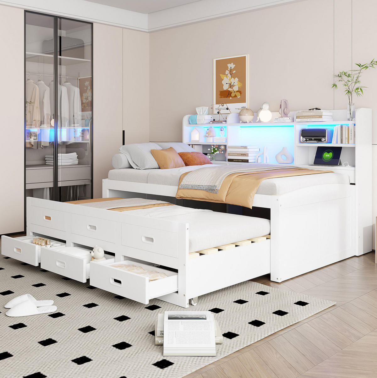 POLSTERBETT 90/200 cm in Weiß mit LED-Beleuchtung und USB- und Type-C-Anschlüssen - Weiß, Holzwerkstoff (90/200cm) - Flora Grace