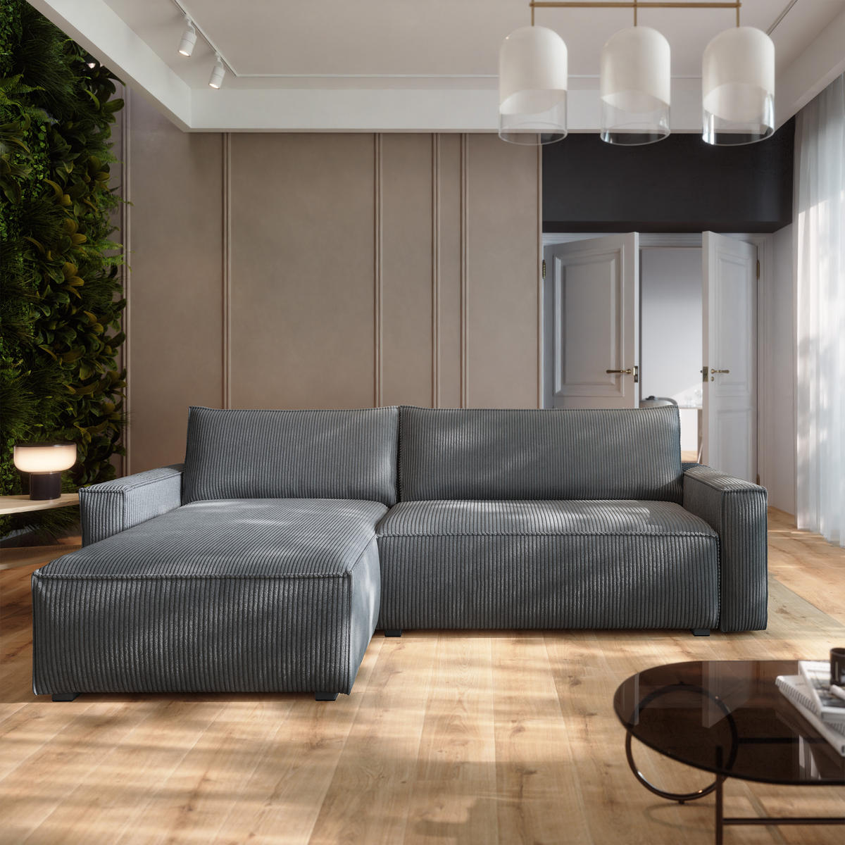 ECKSOFA BESMIR Grau Kordstoff mit Schlaffunktion - Grau, Holz (275/148cm) - MASSENO