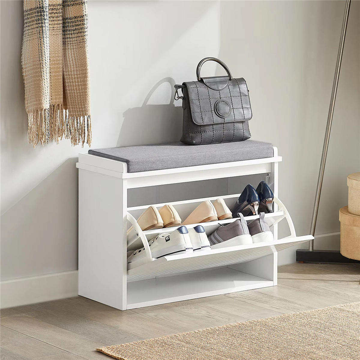 SCHUHSCHRANK Schuhkipper mit Sitzkissen Klappe, Weiß - Weiß, Holz (62/46/25cm) - Kaket