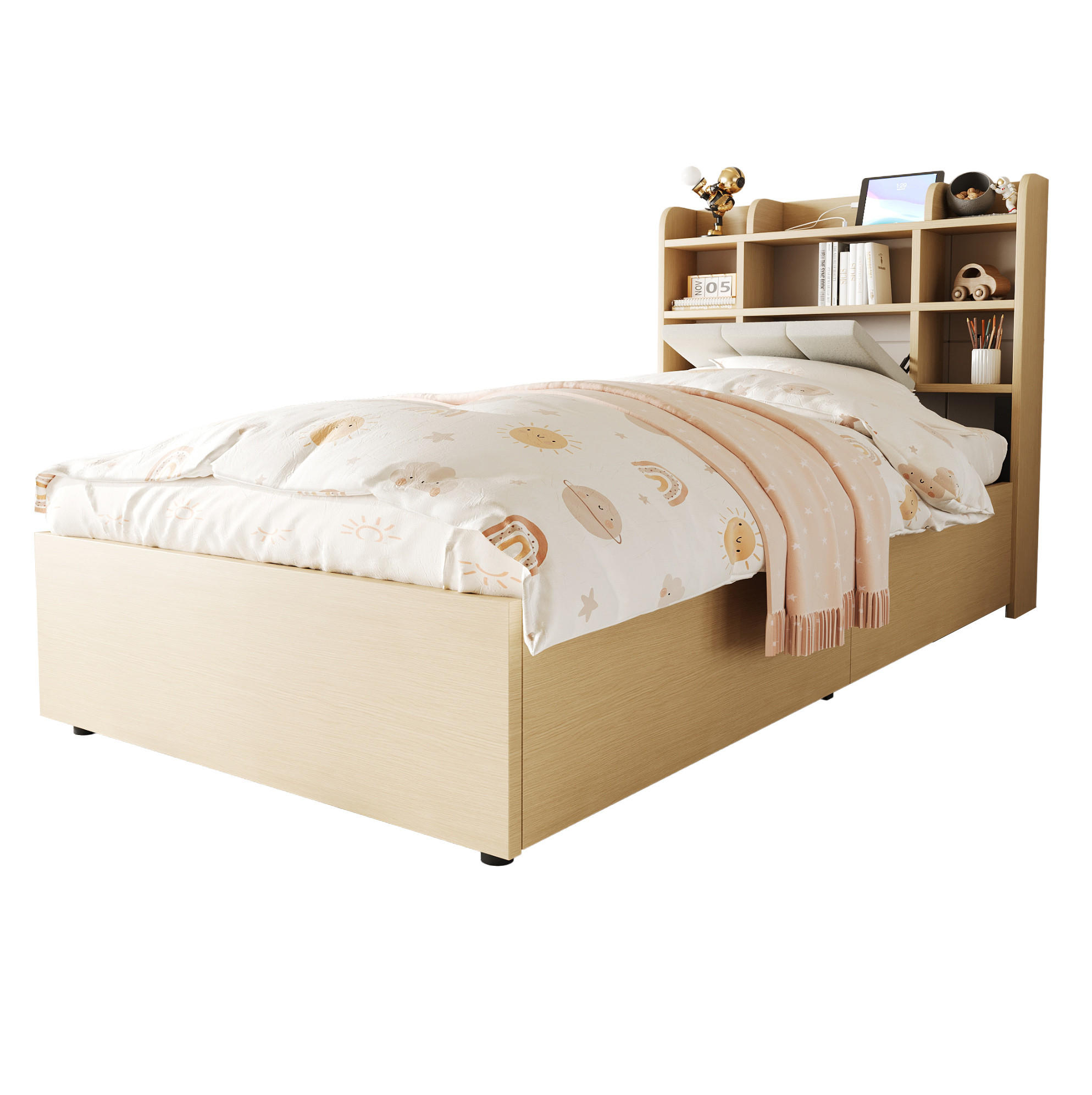 BETT 90/200 cm mit Kopfteil und Bettkasten – inkl. Lattenrost, USB-Anschluss - Naturfarben, Holzwerkstoff (90/200cm) - BEAOK