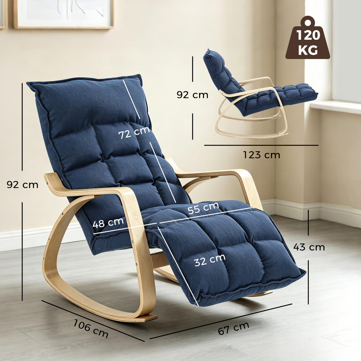 SCHAUKELSTUHL Stoff in Leinenoptik 100 Polyester Dunkelblau - Dunkelblau/Naturfarben, Holzwerkstoff/Textil (67/92/106cm) - HOMCOM