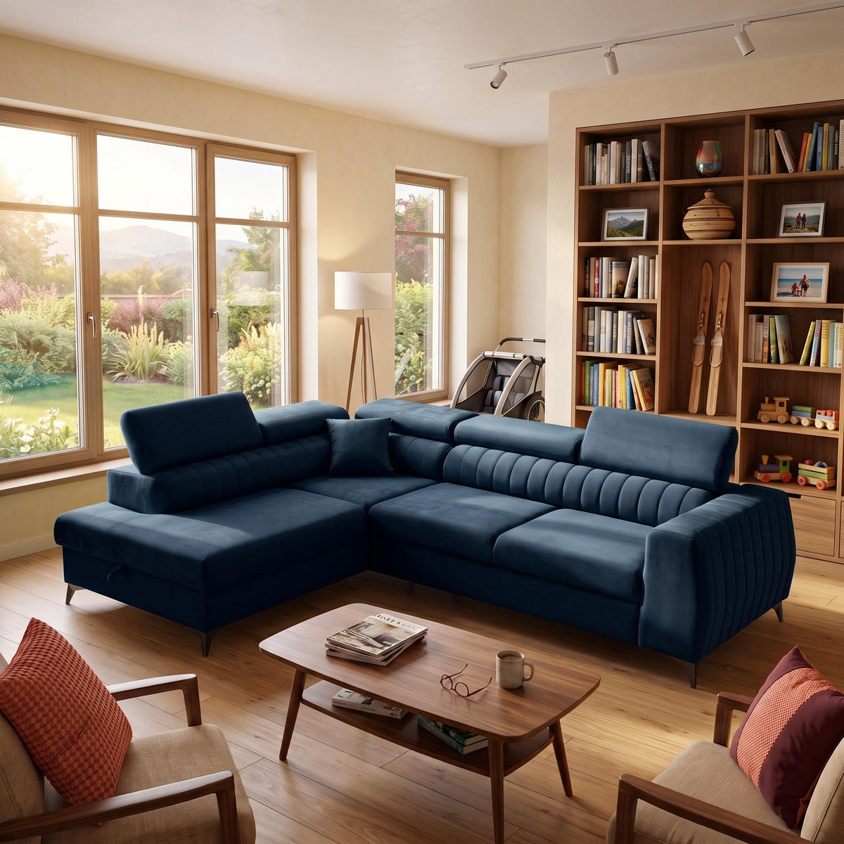 ECKSOFA PIERO L Links mit Schlaffunktion 195x125 Velours Dunkelblau - Schwarz/Dunkelblau, Holz/Textil (268/203cm) - Muffo