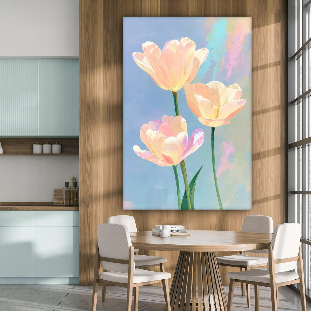 OBRAZ NA PLÁTNĚ Tulipány - růžové akcenty - modré 90x140 cm - pastelově modrá, textil (90/140cm) - MuchoWow