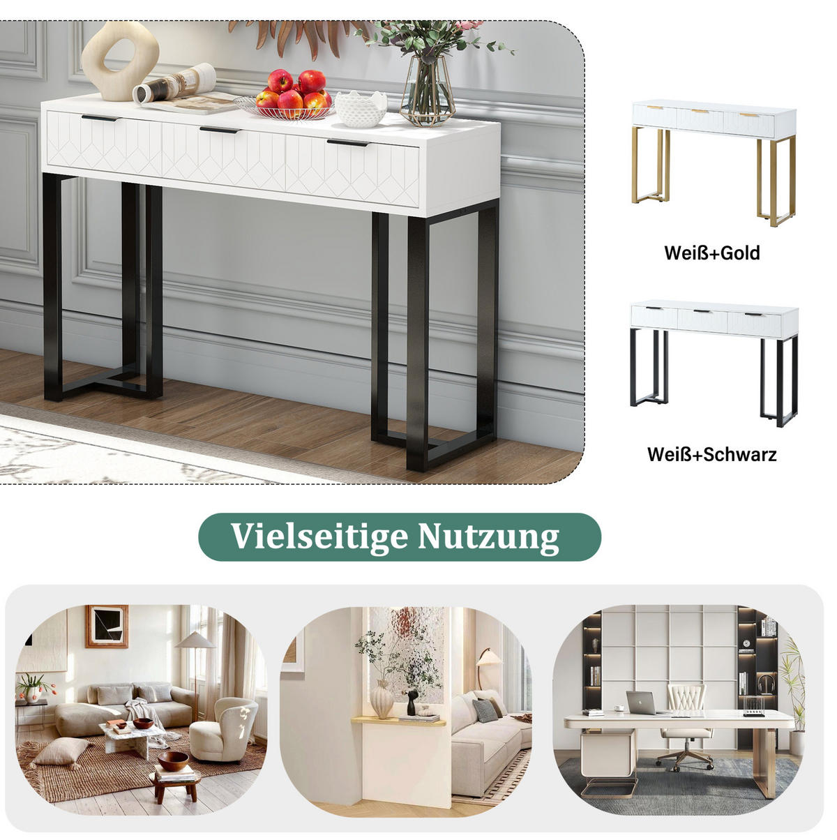 KONSOLENTISCH in Weiß/Schwarz mit Schubladen und goldfarbenem Metallgestell,120/36/80 cm - Schwarz, Holzwerkstoff (120/36/80cm) - Flora Grace