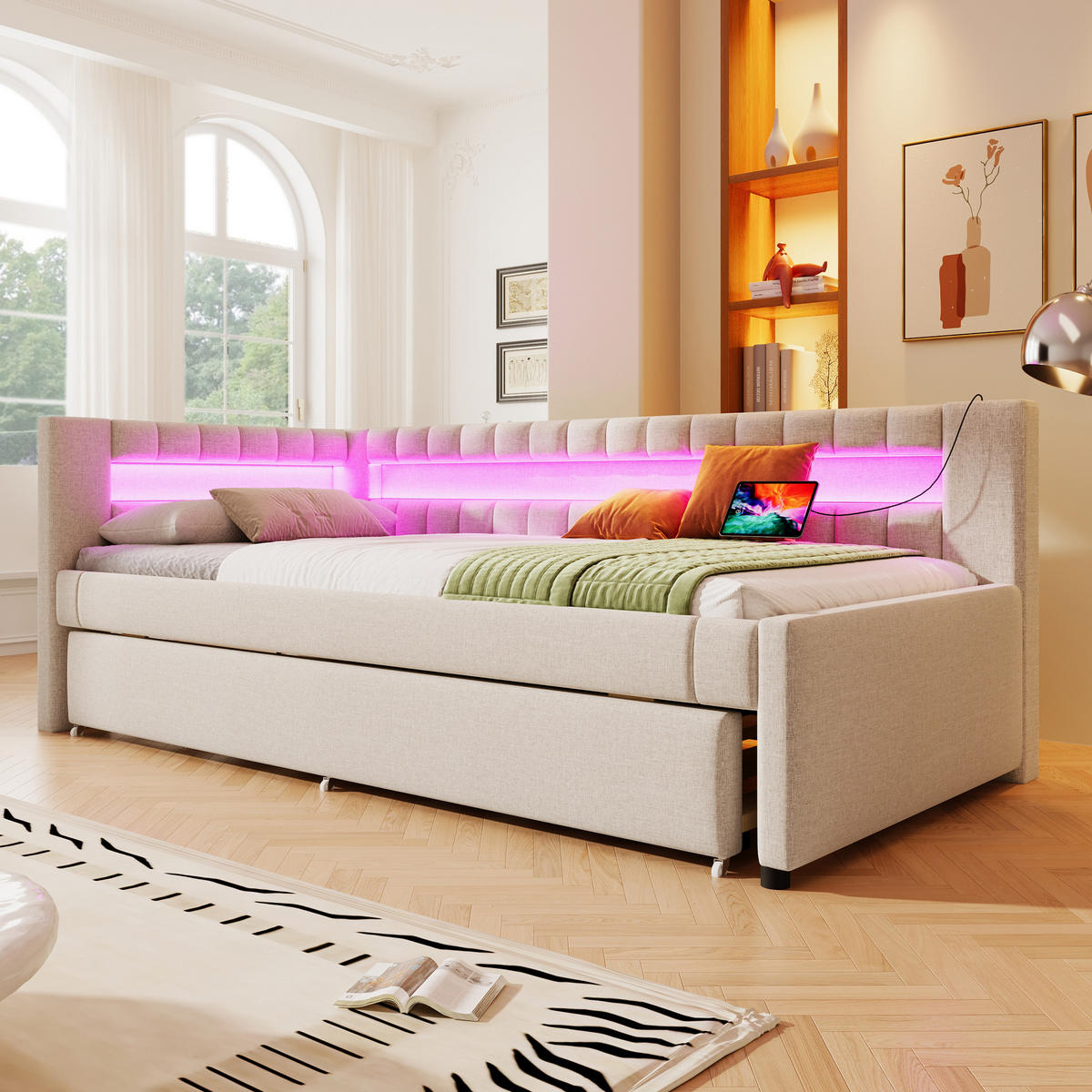 TAGEBETT 90x200cm Beige LED-Licht Ausziehbett USB Leinen - Beige, Holz (90/200cm) - FLIEKS