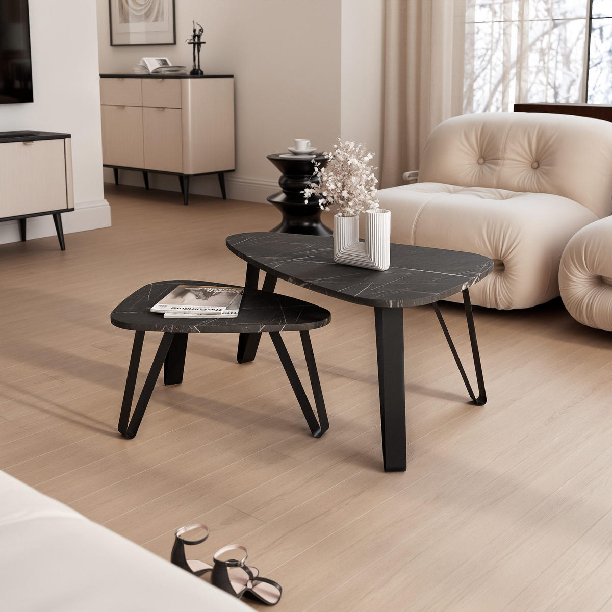 SATZTISCH NOA Stahlgestell, Freiform, Schwarz / Grigia Pietra - Schwarz/Grau, Holzwerkstoff (94/60/42cm) - Idohome