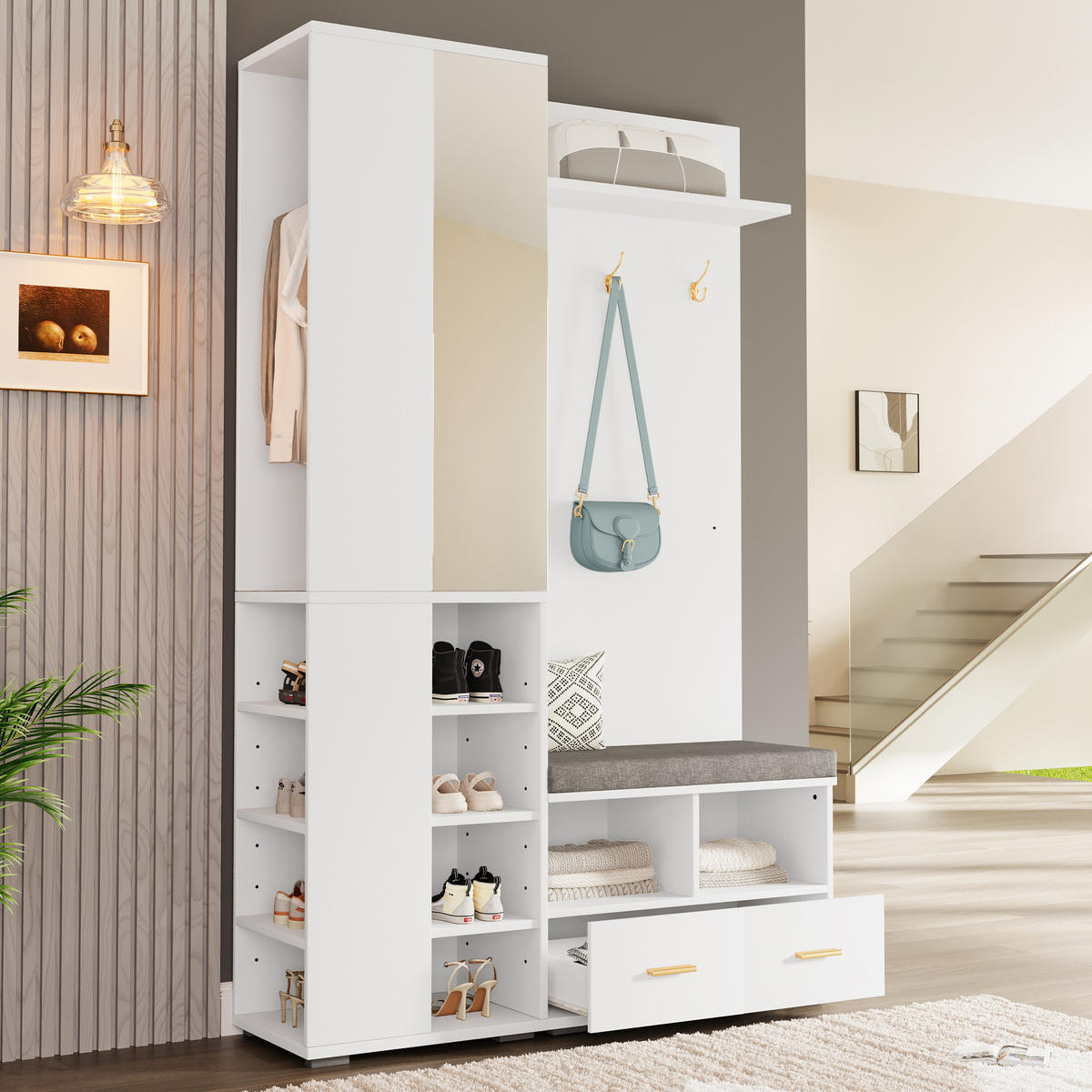 GARDEROBENSET, Spiegel, Schuhbank, 3 Haken, Weiß, 120x35x190cm - Weiß, Holzwerkstoff (35/190/120cm) - FLIEKS