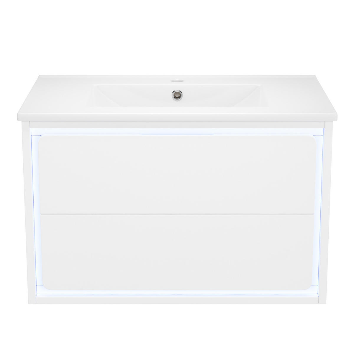ZÁVĚSNÁ koupelnová skříňka z MDF 76x46x48,5 cm bílá s keramickým umyvadlem, LED senzorovým osvětlením a 2 zásuvkami - bílá, kompozitní dřevo (76/58.5/46cm) - Modfu
