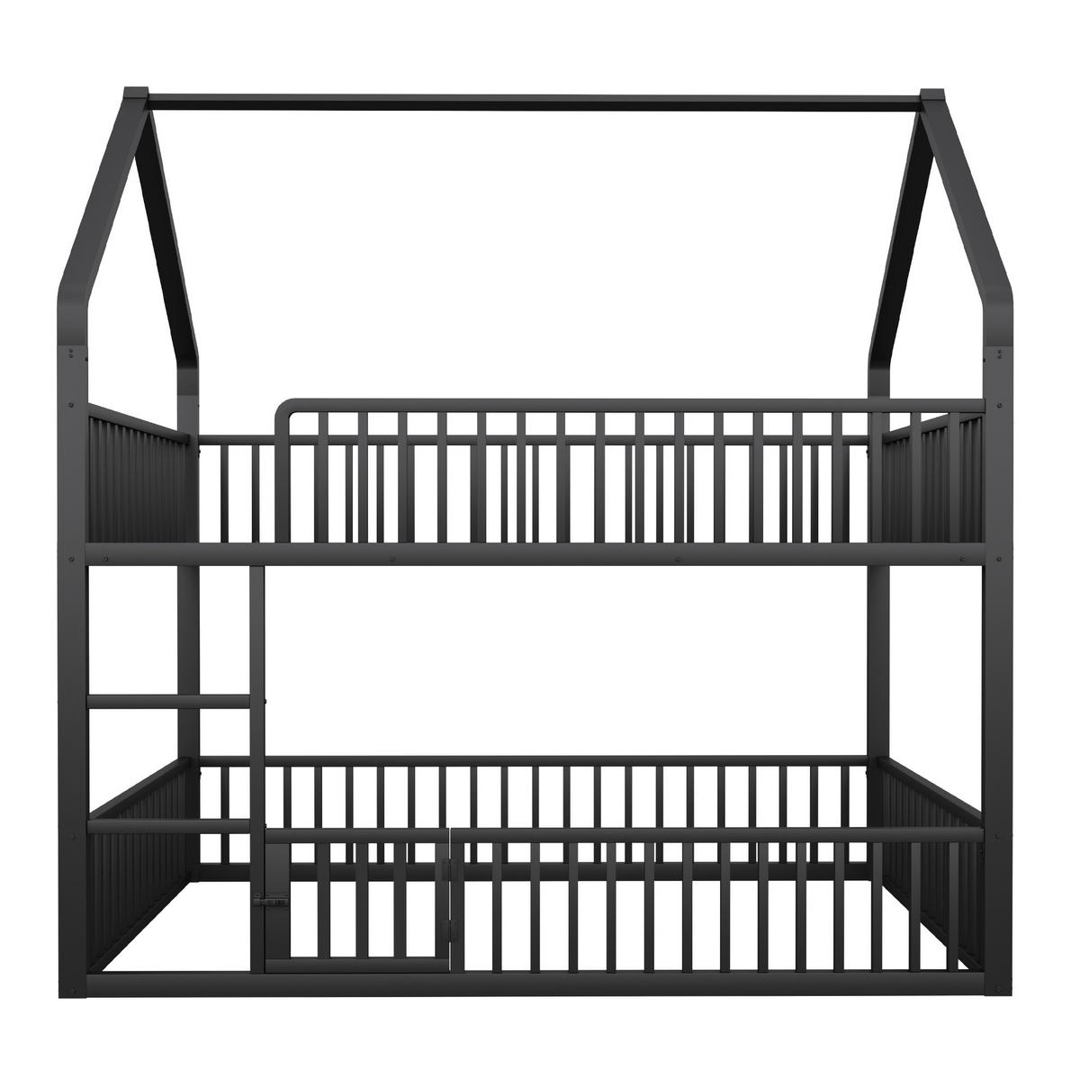 ETAGENBETT 140/200 cm schwarz mit Hausdesign und Sicherheitsgeländern - Schwarz, Metall (140/200cm) - OKWISH