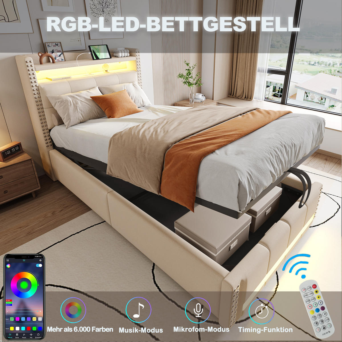 KINDERBETT 90x200 cm LED USB Stauraum beige - Beige, Textil (90/200cm) - LEBENLANG