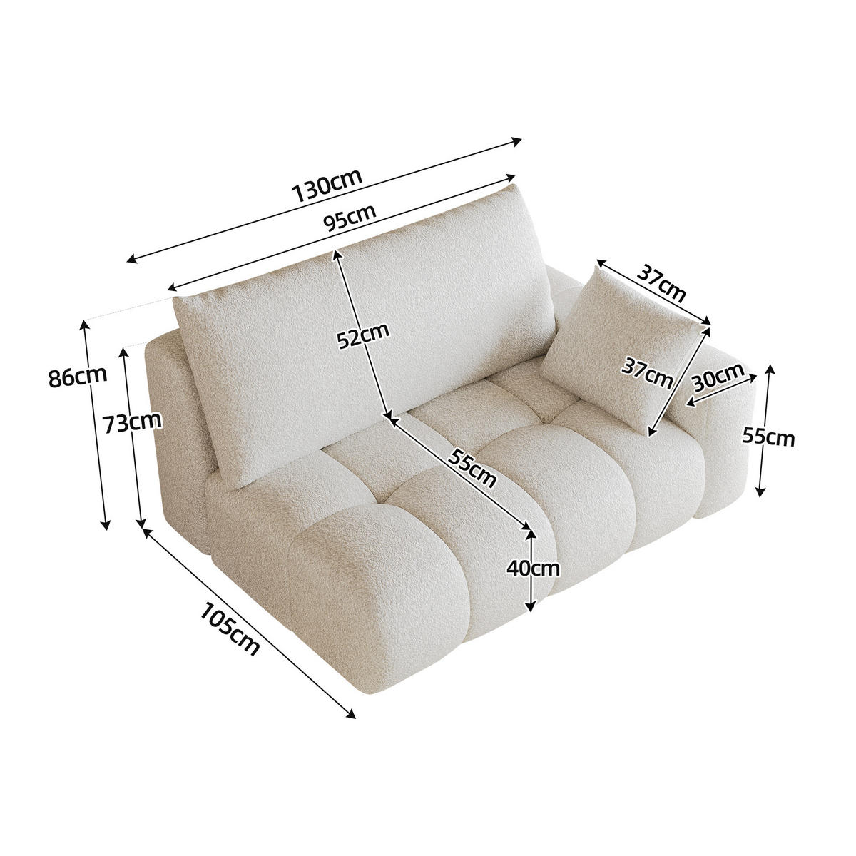 SOFAELEMENT DE-34768 rechte 2‑Sitzer Cremeweiß - Creme, Textil (105/86/130cm) - ComfortXL