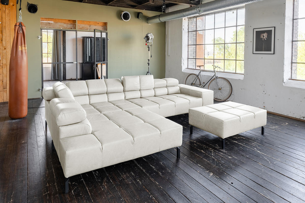 ECKSOFA NELSON Hellgrau Leder Relaxfunktion - Hellgrau/Schwarz, Leder/Metall (321/216cm) - KAWOLA