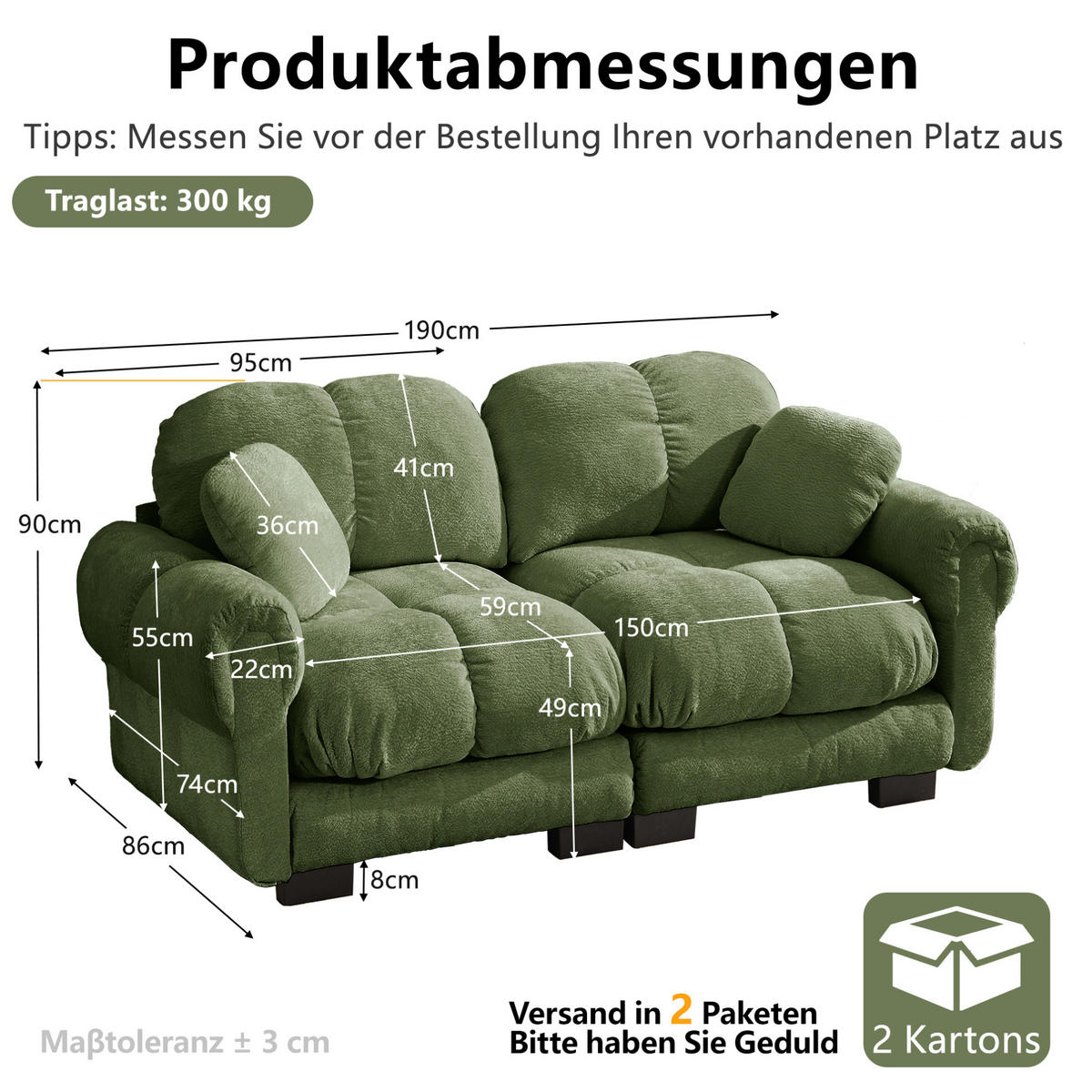 SOFA 190/86/90 cm in Grün aus Chenille mit modularem Stecksystem - Grün, Textil (86/90/190cm) - Flora Grace