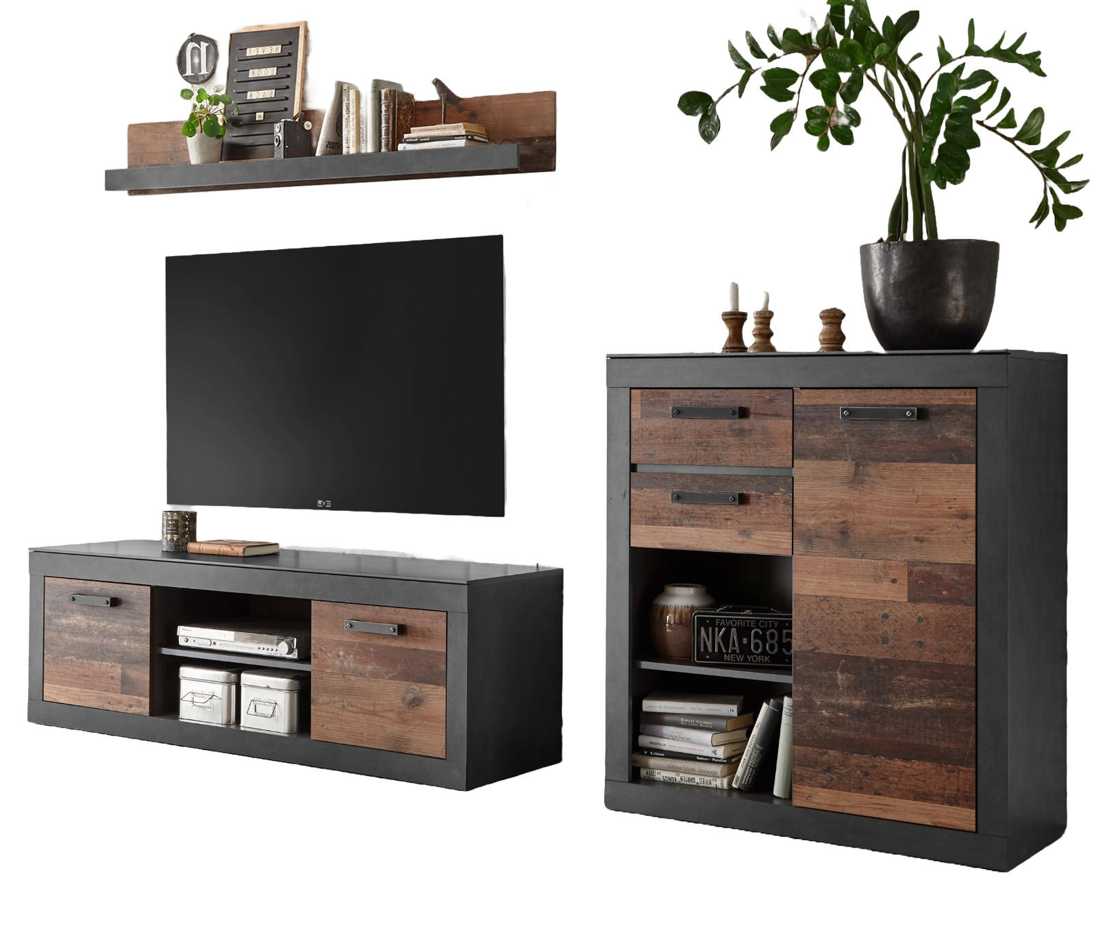 WOHNWAND Old Used Wood Shabby Design mit grau, Schrankwand 3-teilig, 255 cm - Dunkelgrau/Braun, Holzwerkstoff/Kunststoff (255/170/43cm) - Furn.Design
