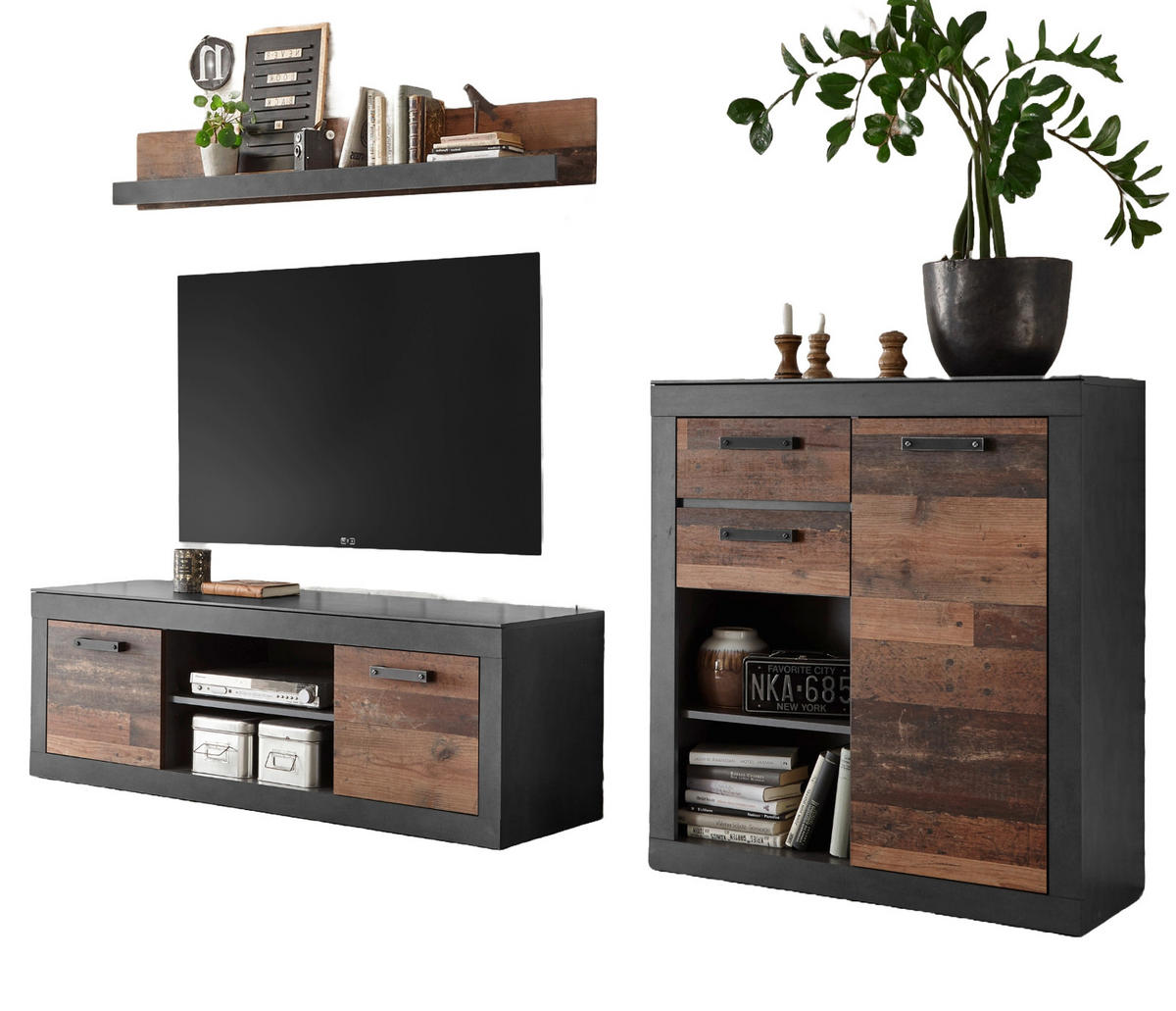 WOHNWAND Old Used Wood Shabby Design mit grau, Schrankwand 3-teilig, 255 cm - Dunkelgrau/Braun, Holzwerkstoff/Kunststoff (255/170/43cm) - Furn.Design