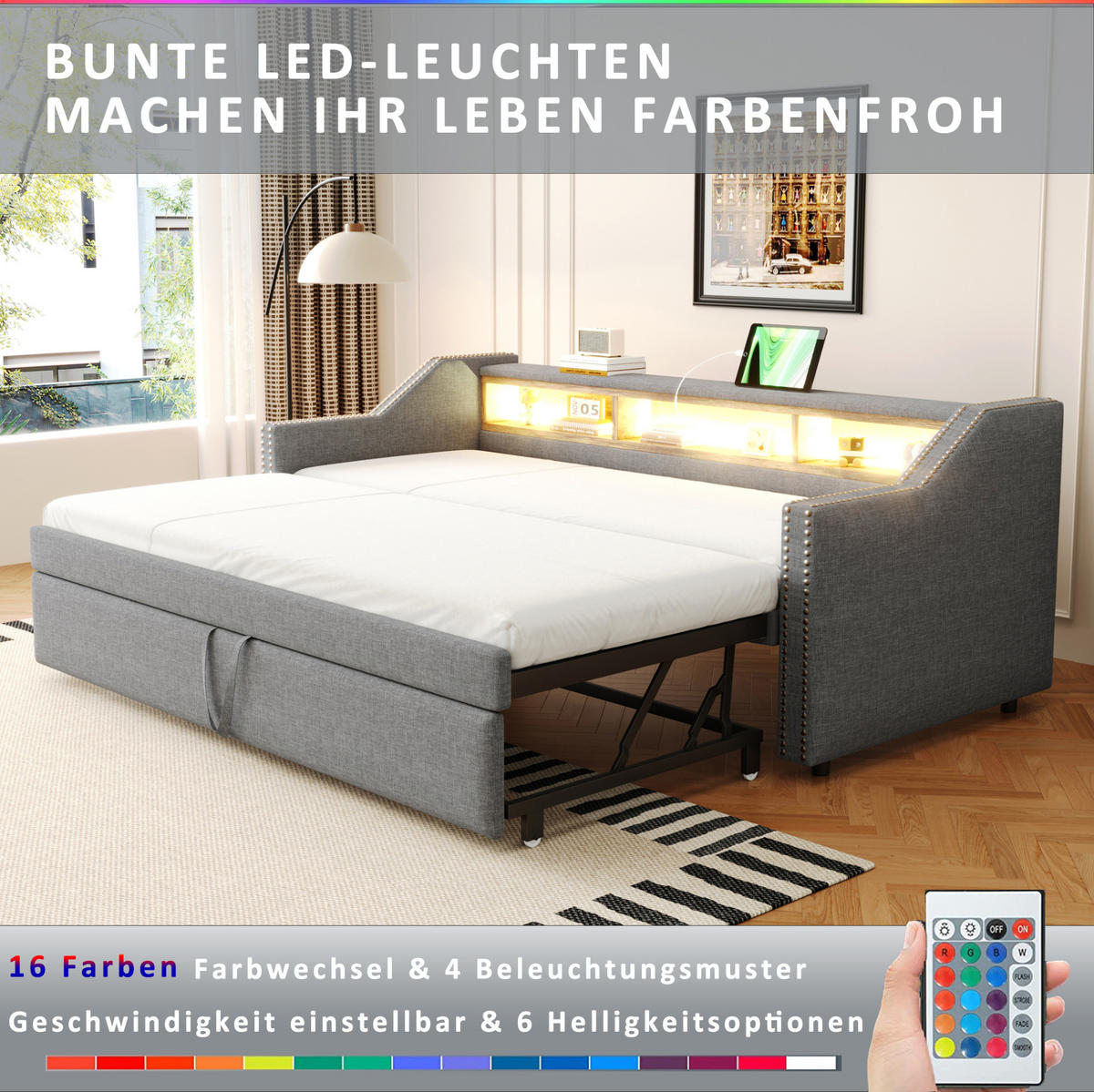 BETT 90/180/190 cm Hellgrau aus Leinen mit Bett, USB und LED - Hellgrau, Textil (90/190cm) - OKMYHOME