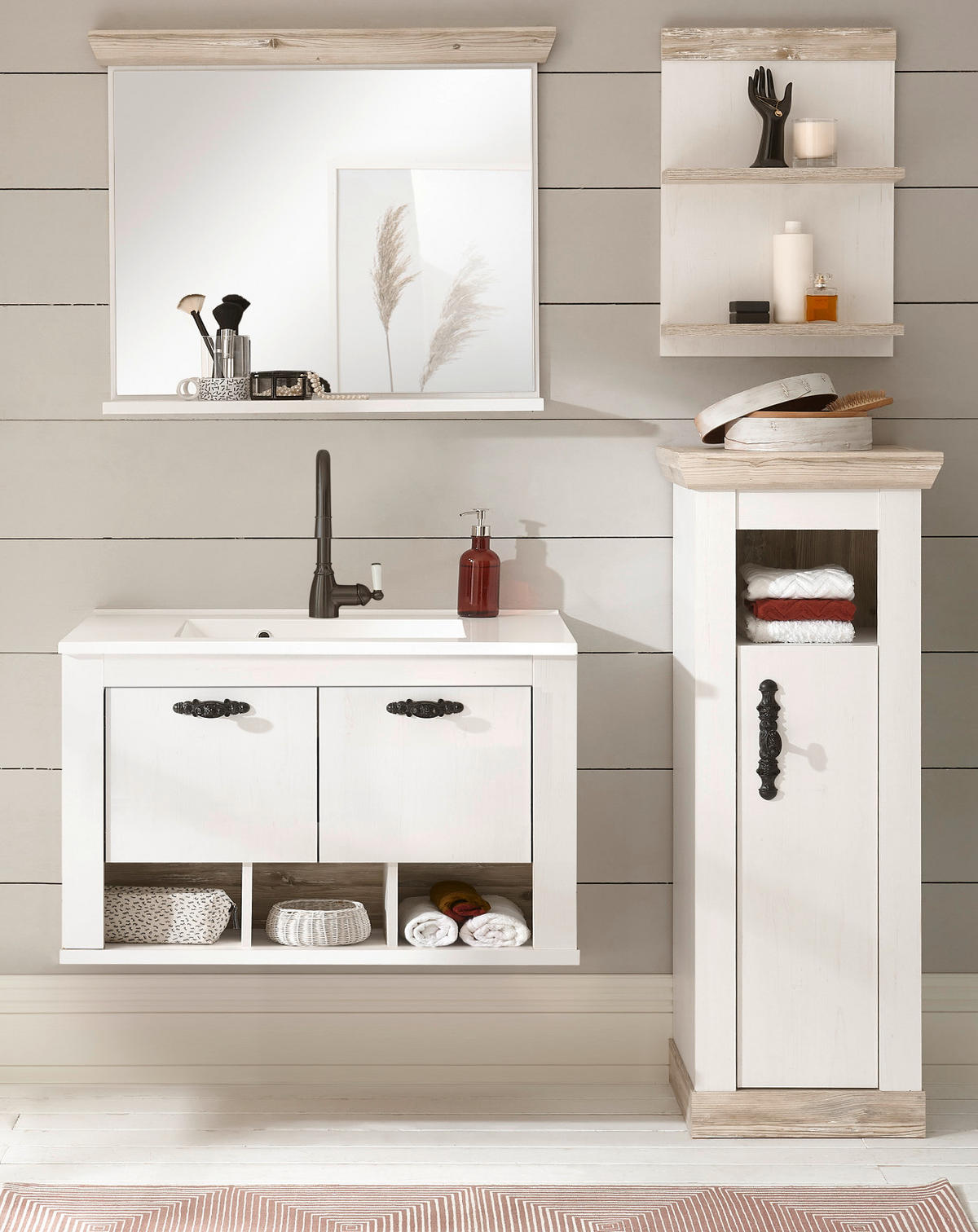 WASCHBECKENUNTERSCHRANK Waschbecken Pinie weiß, Oslo Pinie Landhaus, Waschtisch Set hängend - Dunkelgrau/Weiß, Holzwerkstoff/Metall (82/56/47cm) - Furn.Design