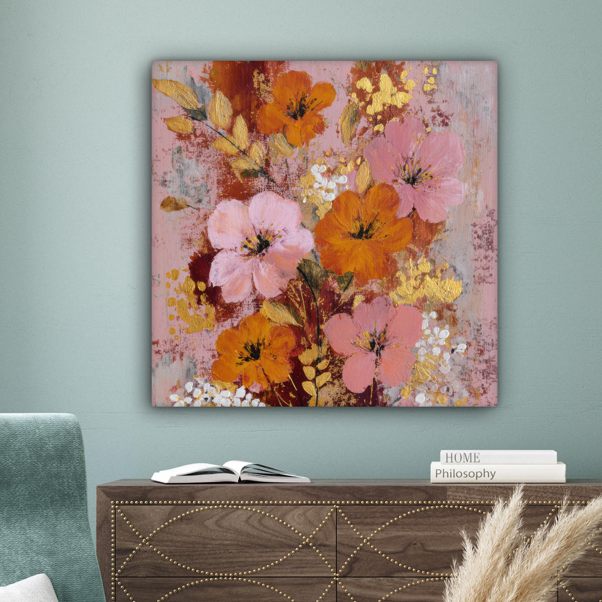 LEINWANDBILD Malerei - Blumen - Rustikal - Rosa Deko Groß 90x90 cm - Altrosa, Textil (90/90cm) - MuchoWow