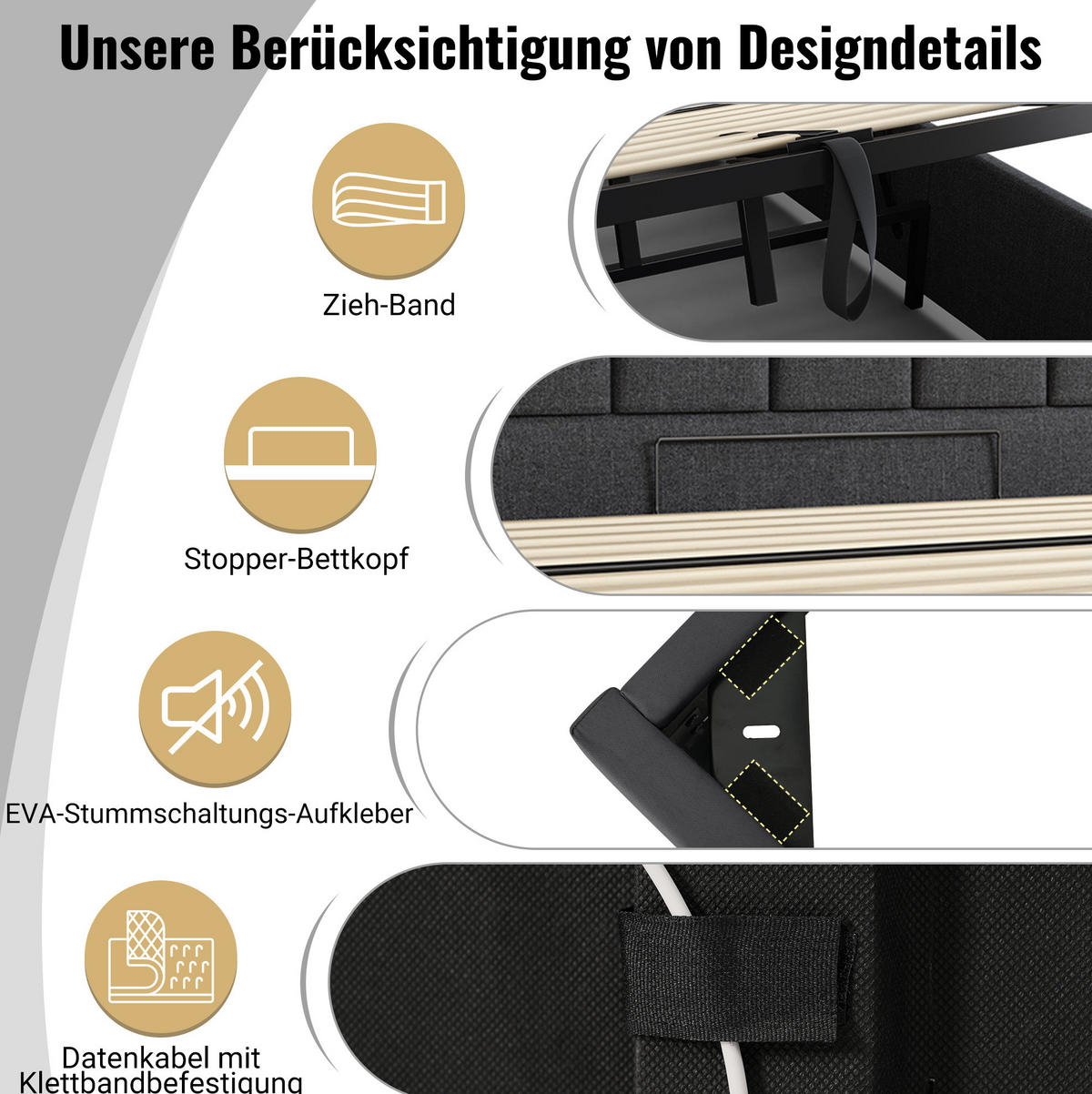 POLSTERBETT aus Leinen 180x200 cm Grau mit Bettkasten, LED-Beleuchtung und USB-C-Anschluss - Grau, Textil (180/200cm) - IVMEU