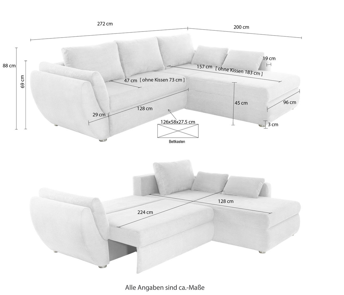 ECKSOFA mit Schlaffunktion und Bettkasten, seitenverkehrt montierbar B272/T200/H88 cm, Liegefläche 128x224 cm, Cord Grau Anthrazit / 15226 - Chromfarben/Schieferfarben, Kunststoff/Textil (272/200cm) - luma-home