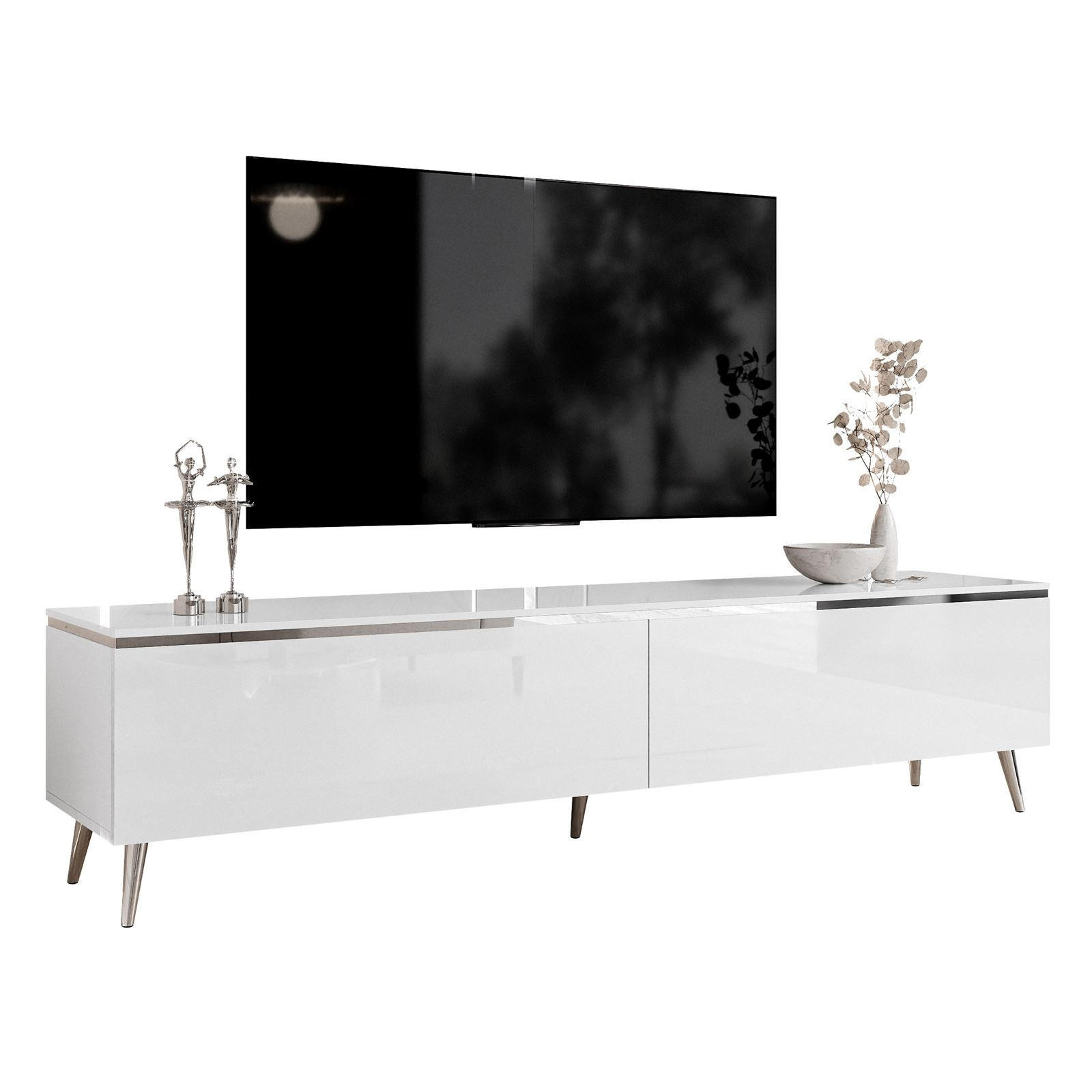TV-SCHRANK AURORA SILVER 180 cm mit LED-Beleuchtung – schräge Chrombeine - Chromfarben/Weiß Hochglanz, Holzwerkstoff/Metall (180/45/40cm) - Lookway