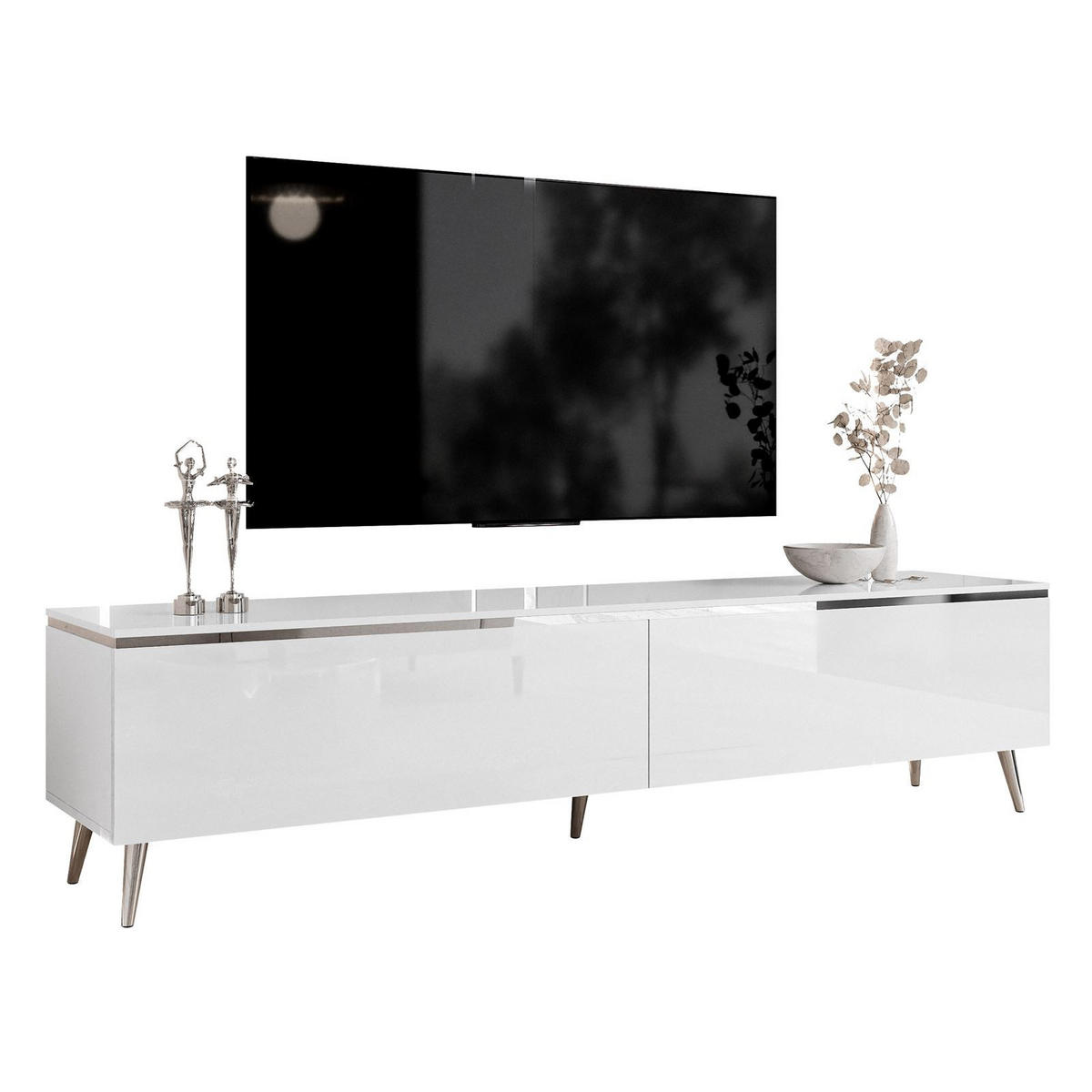 TV-SCHRANK AURORA SILVER 180 cm – schräge Chrombeine - Chromfarben/Weiß Hochglanz, Holzwerkstoff/Metall (180/45/40cm) - Lookway