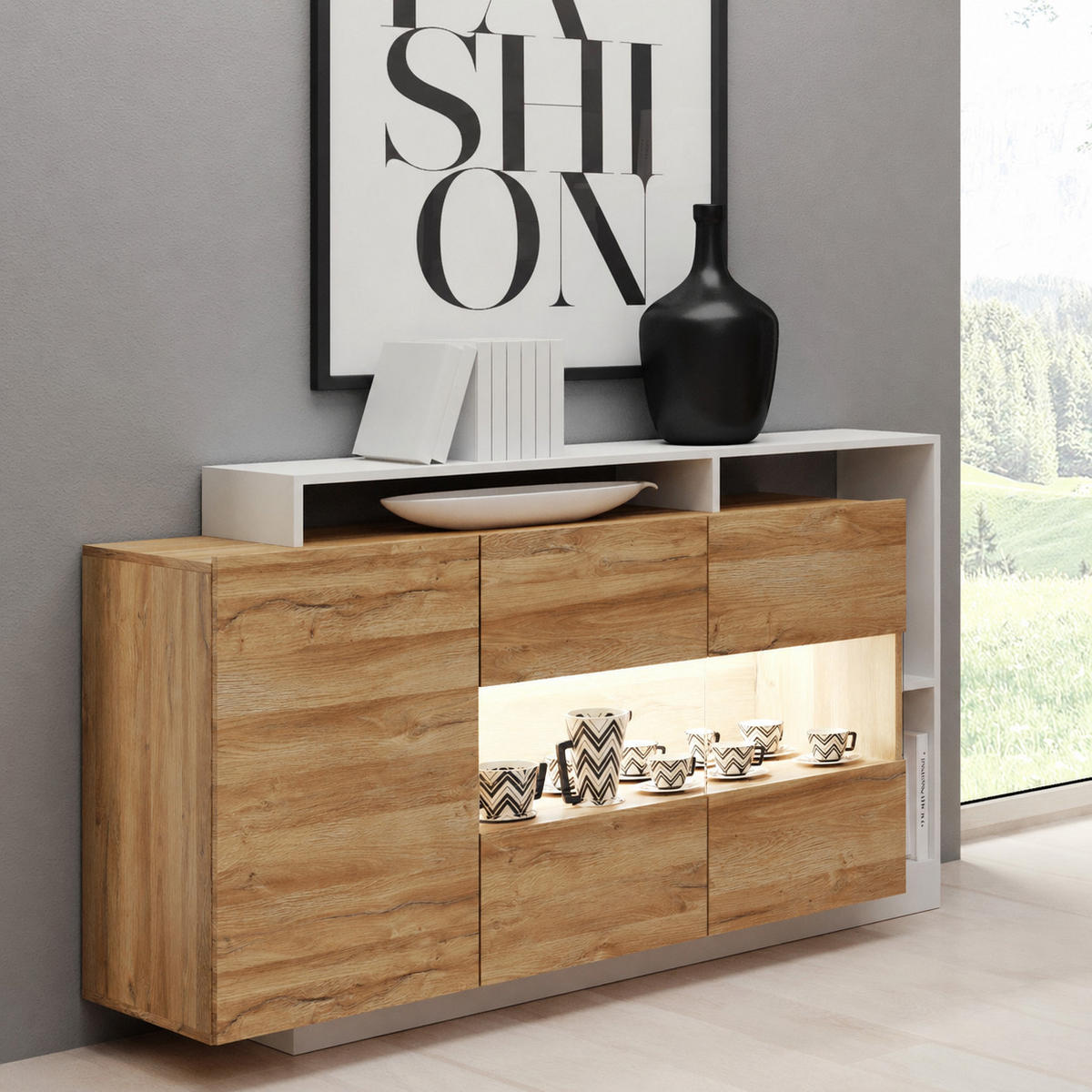 SIDEBOARD Panzo Eiche Grandson / Weiß - 155 cm - Grifflos - Eichefarben/Weiß, Holzwerkstoff (155/93/44cm) - Ravio