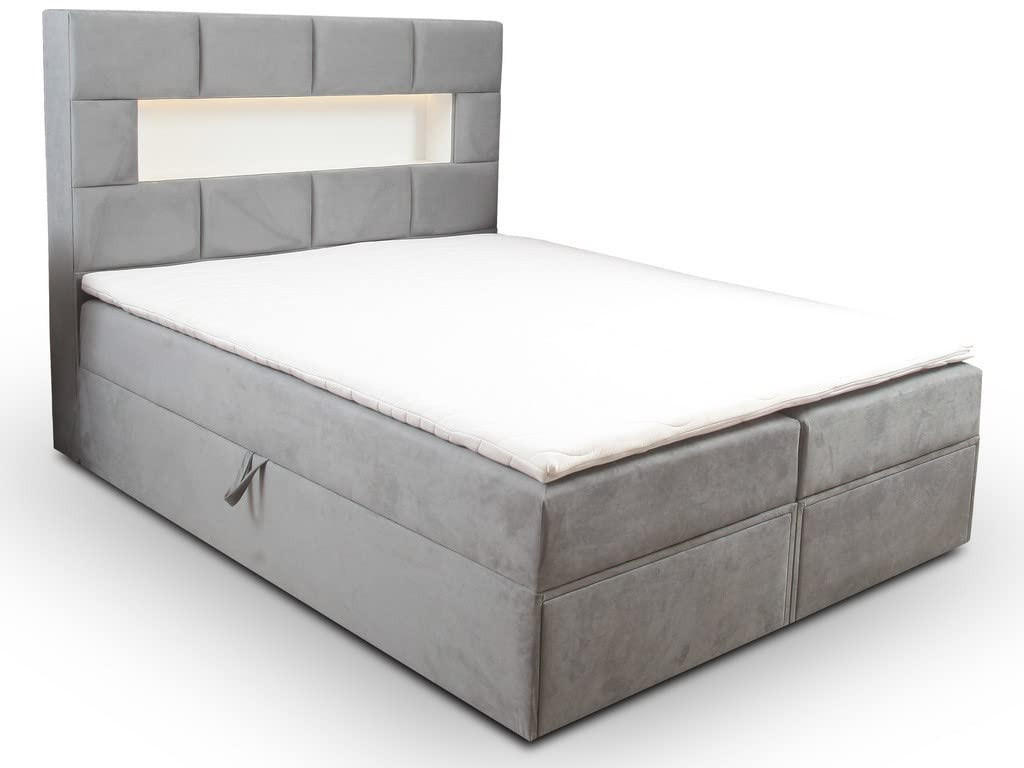 BOXBETT 200 x 200 cm mit Bettkasten und Matratze, LUX, LED Beleuchtung, Bücherregal und 2x USB, Grau - Grau, Holzwerkstoff/Kunststoff (200/200cm) - Trada