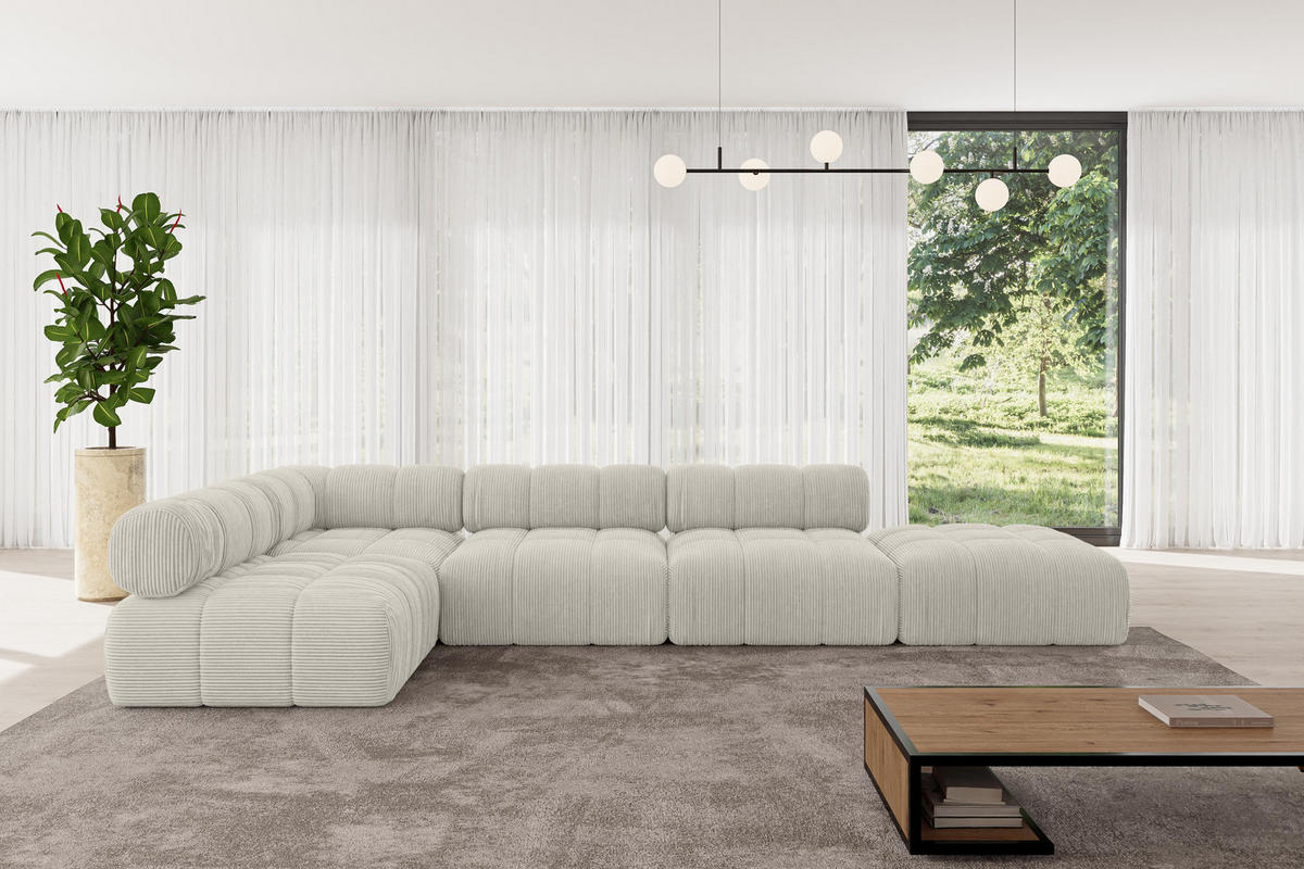ECKSOFA modulares Sofa Favio-L2 - 380x190x70 cm Creme Cord - Hellgrau/Creme, Holzwerkstoff/Textil (380/190cm) - ALTDECOR