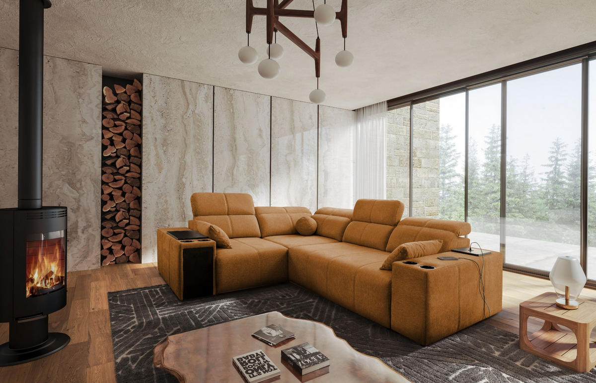 ECKSOFA Mit Schlaffunktion USB Und Verstellbarer Rückenlehne Mindy II Kupfer Links - Kupferfarben, Holz/Textil (219/288cm) - Kaiser Möbel