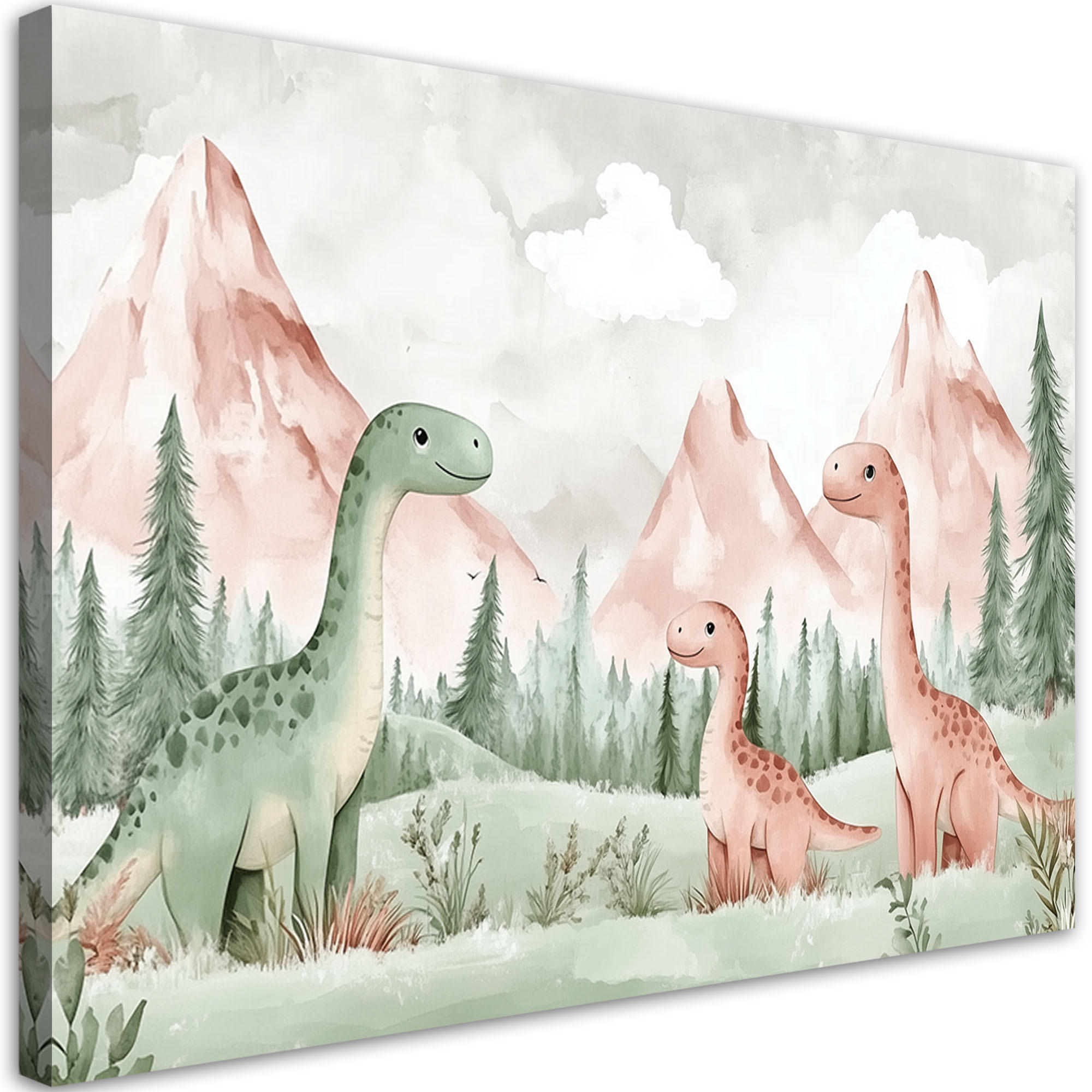 WANDBILD für kinderzimmer dinosaurier berge grüner wald - Grün, Textil (120/80cm) - Feeby