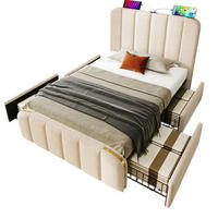 POLSTERBETT 90/200 cm mit 4 Schubladen, USB-C und gepolstertem Kopfteil - Beige, Textil (90/200cm) - BEAOK