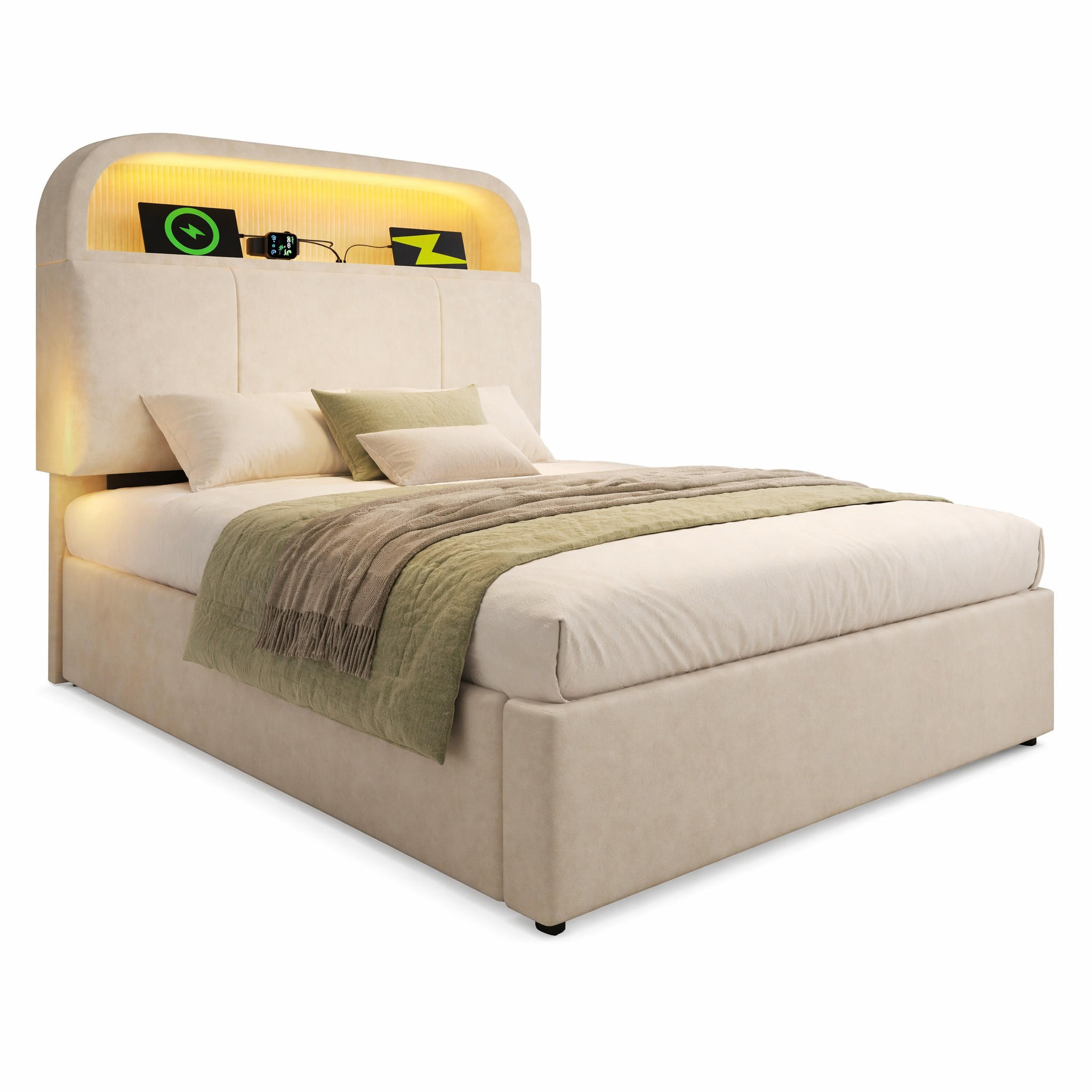 POLSTERBETT 90/200 cm in Beige mit Bettkasten, LED und USB aus Samt - Beige, Holzwerkstoff/Textil (90/200cm) - STILVORA