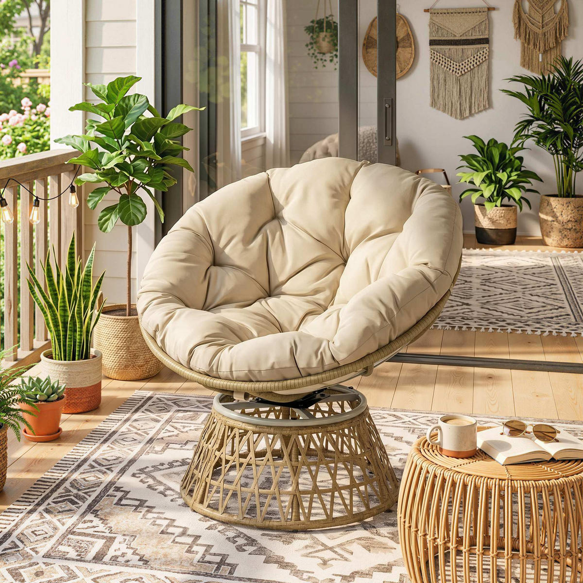PAPASANSESSEL mit Polster 360 Grad Verstellbare Fußstütze 85 x 70 x 82 cm Khaki - Braun, Kunststoff (85/82/70cm) - Outsunny