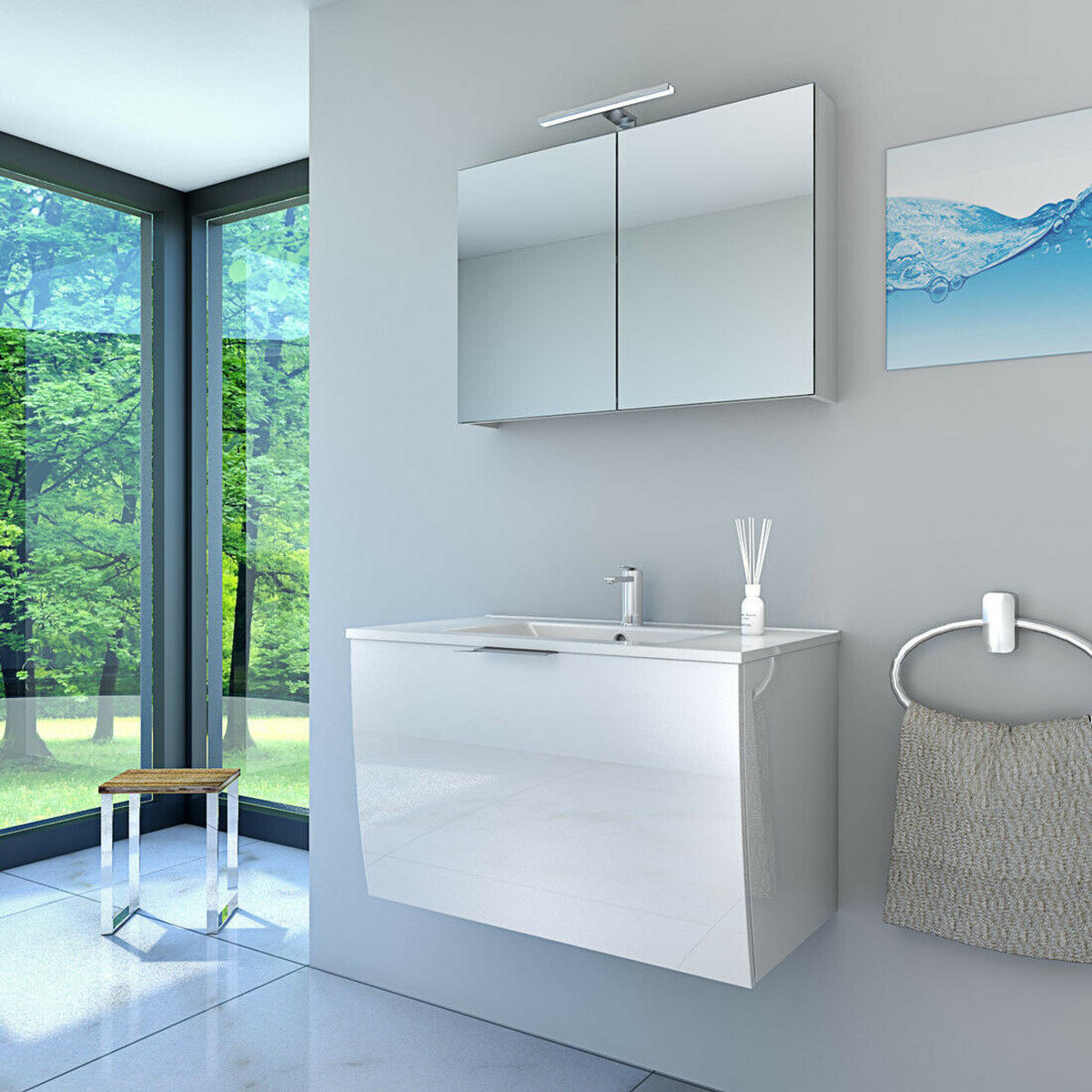 BADMÖBEL Set Gently 1 V1 Weiß MDF Waschtisch 80cm NEIN ohne LED-Beleuchtung - Weiß, Glas/Kunststoff (46/52/80cm) - AcquaVapore by Sandra Jentho