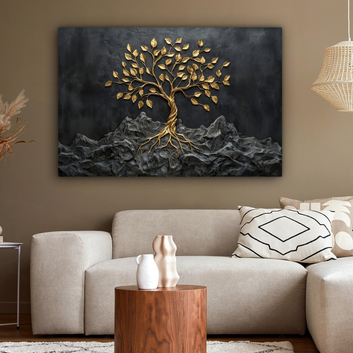 LEINWANDBILD Blätter - Gold - Baum - Fels Wohnzimmer Groß 120x80 cm - Schwarz, Textil (120/80cm) - MuchoWow
