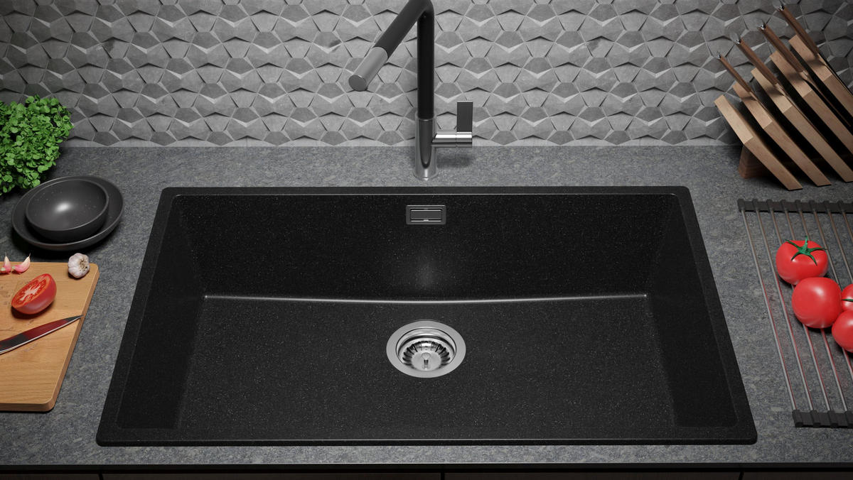 SPÜLBECKEN London Slim, 2-er set Anthrazit 76/47 cm 1 Becken + Ablauf-Set ab 80er Unterschrank - Chromfarben/Anthrazit, Kunststoff (76/20/47cm) - Primagran