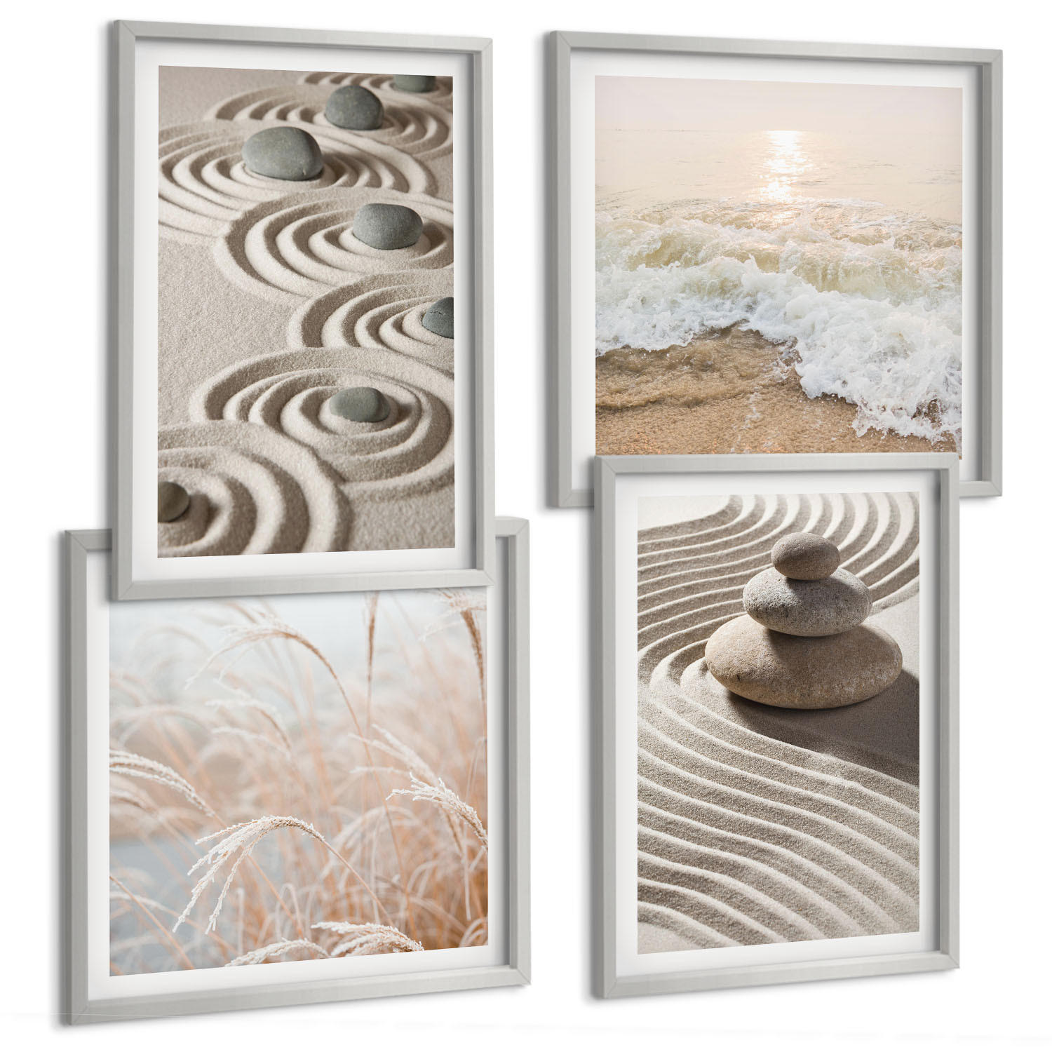 BILDER SET 4er Set - 50x50 cm & 40x60 cm Silberner Rahmen - Wellen, Sand, Wasser, Steine, Strand - Silberfarben, Kunststoff (50/50cm) - TULUP