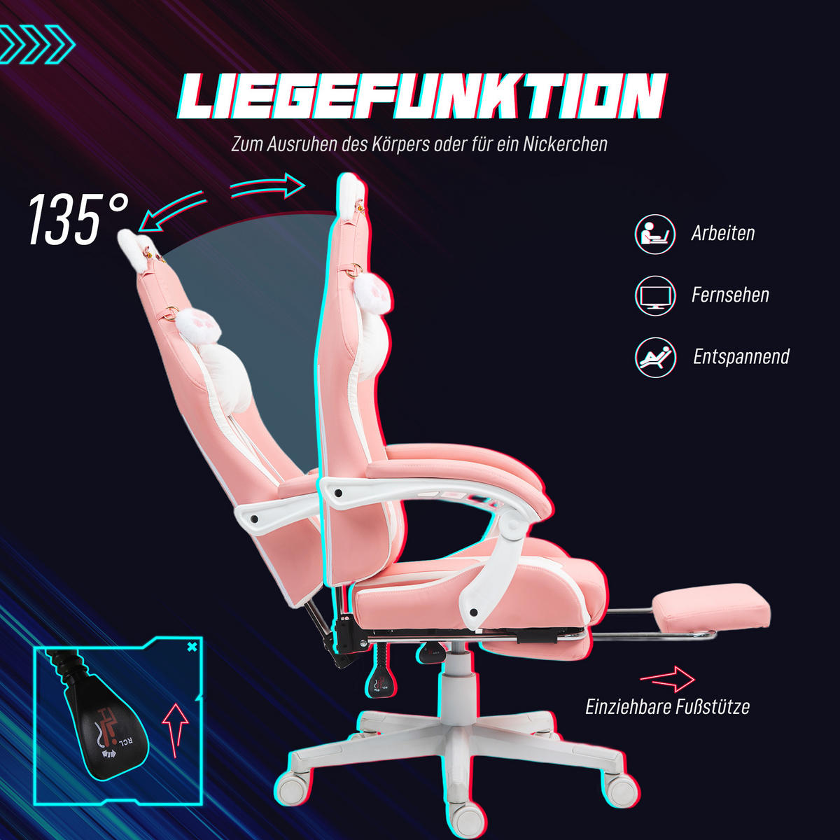 GAMING Stuhl Ergonomischer Gamer Stuhl mit Lendenwirbelstütze, Fußstütze Rosa - Rosa/Weiß, Leder/Kunststoff (62/124/65cm) - HOMCOM