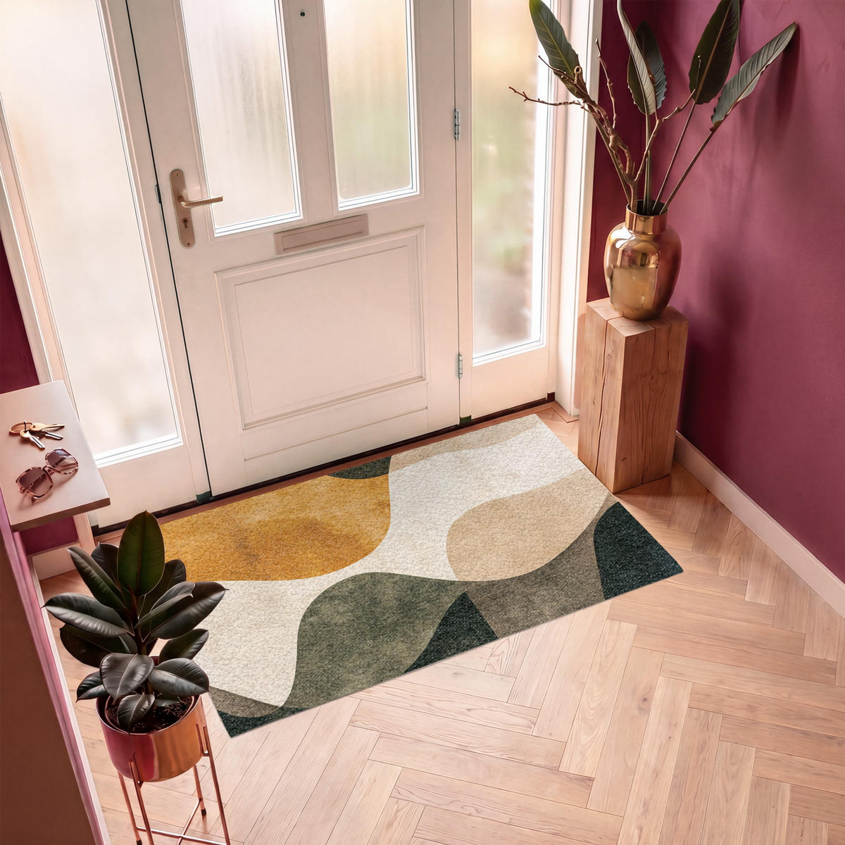 FUSSMATTE Formen - Ockergelb - Abstrakt Flurteppich 150x90 cm - Multicolor, Kunststoff (150/90cm) - MuchoWow